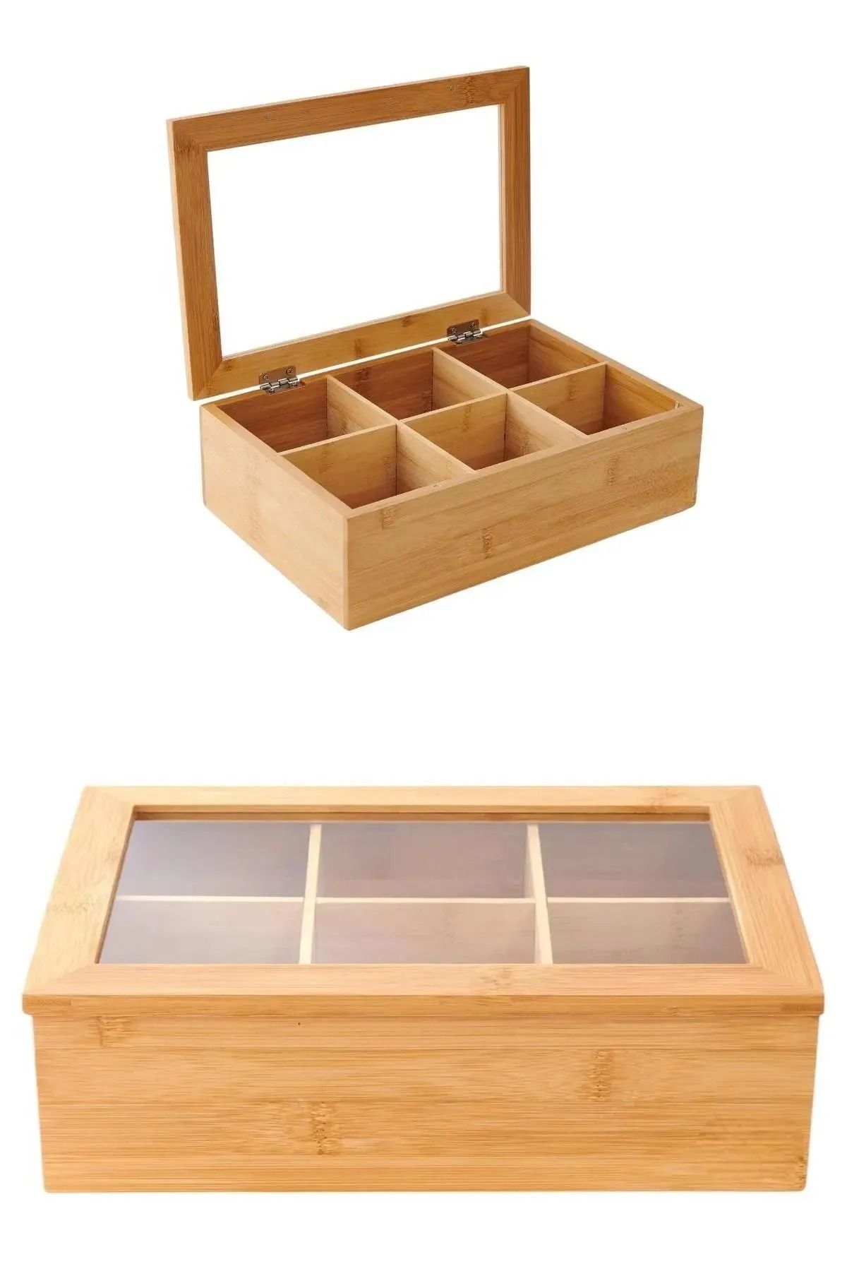 Bambu Çay Kutusu 6 Bölmeli 24X16X7 - Kapaklı Bitki Çayı Kutusu