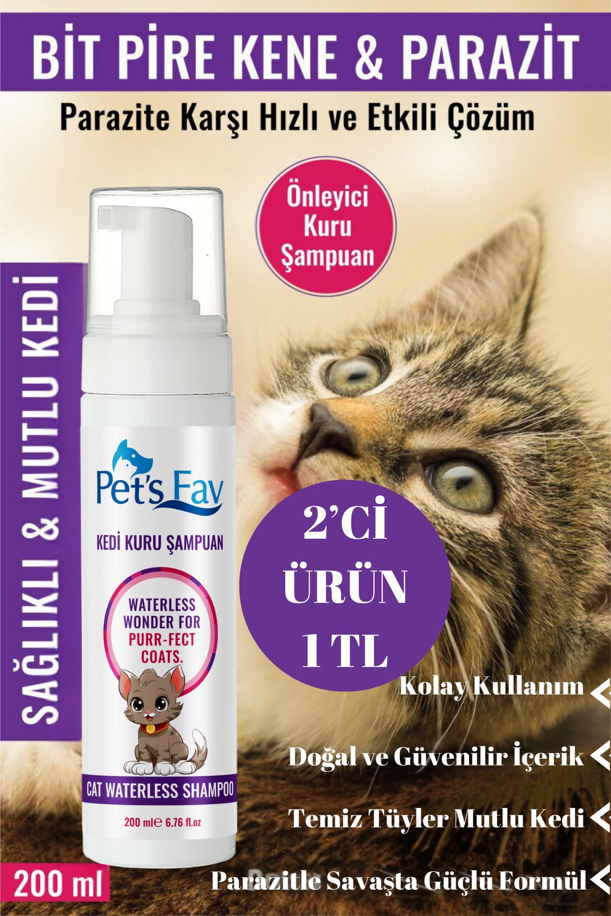 Pets Fav Kedi Bit Pire Kene ve Parazit Önleyici Kuru Köpük Şampuanı