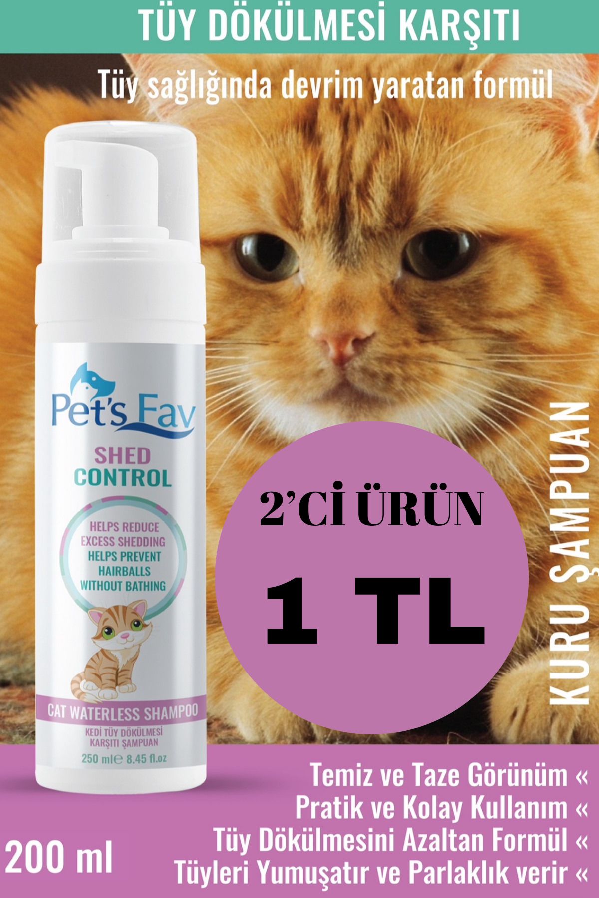 Pets Fav Kedi Tüy Dökülmesi Karşıtı Doğal ve Organik Kuru Köpük Şampuanı