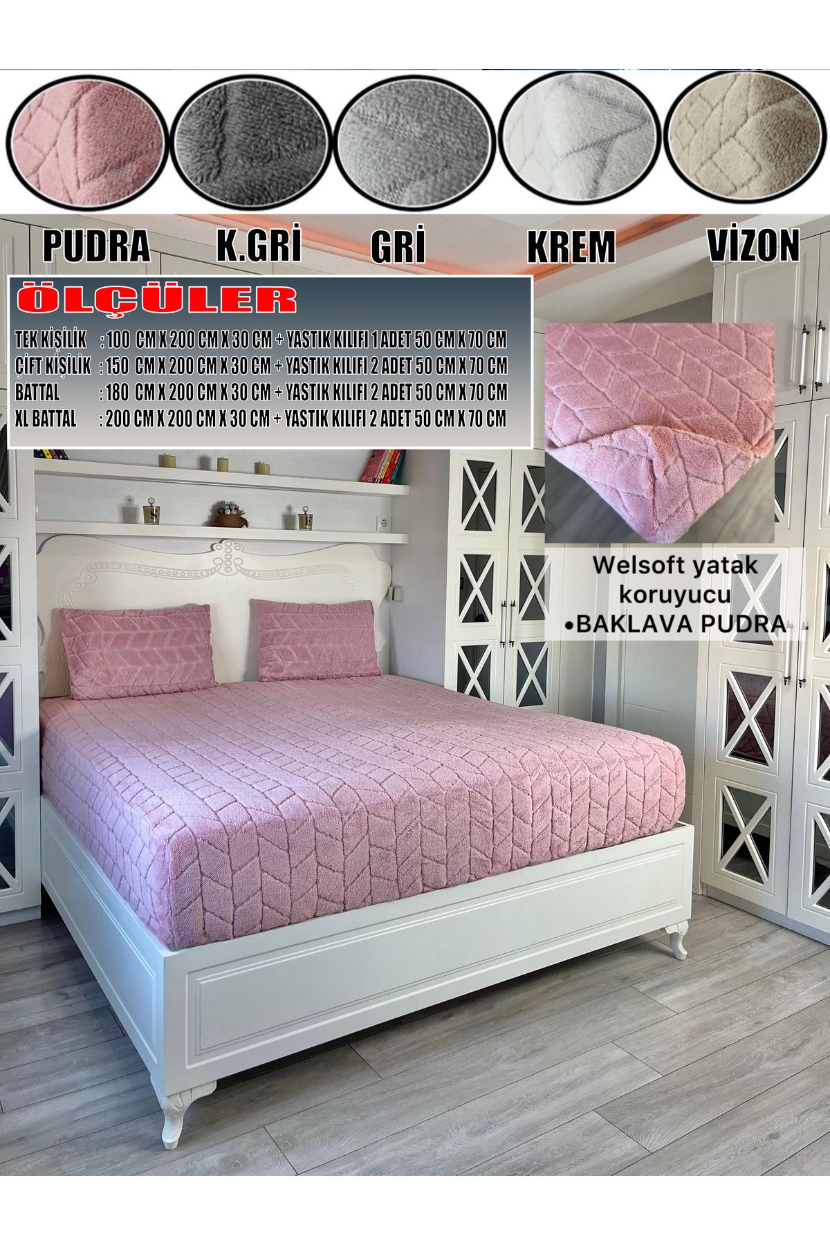 KILIFSAN Welsoft Pudra Renk Desenli Lastikli Yatak Örtüsü ve Yanında Yastık Kılıfı Hediyesi 180X200X30 CM.