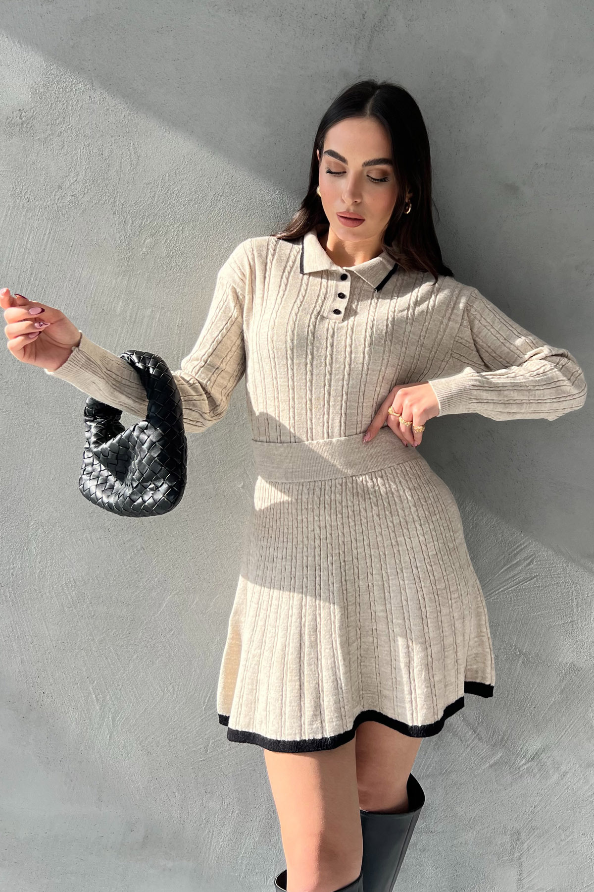 Seda Yalçın Atelier Bej Polo Yaka Triko Kazak Etek Takım - Fiyatı
