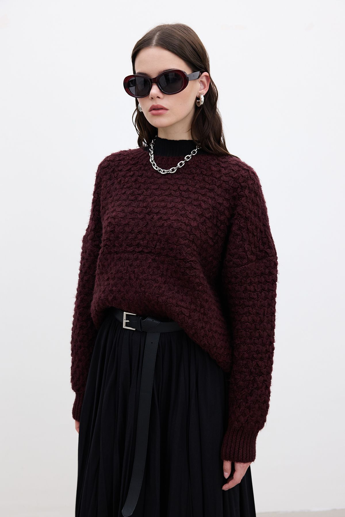 Manuka-Pulover tricotat cu model burgundy 4