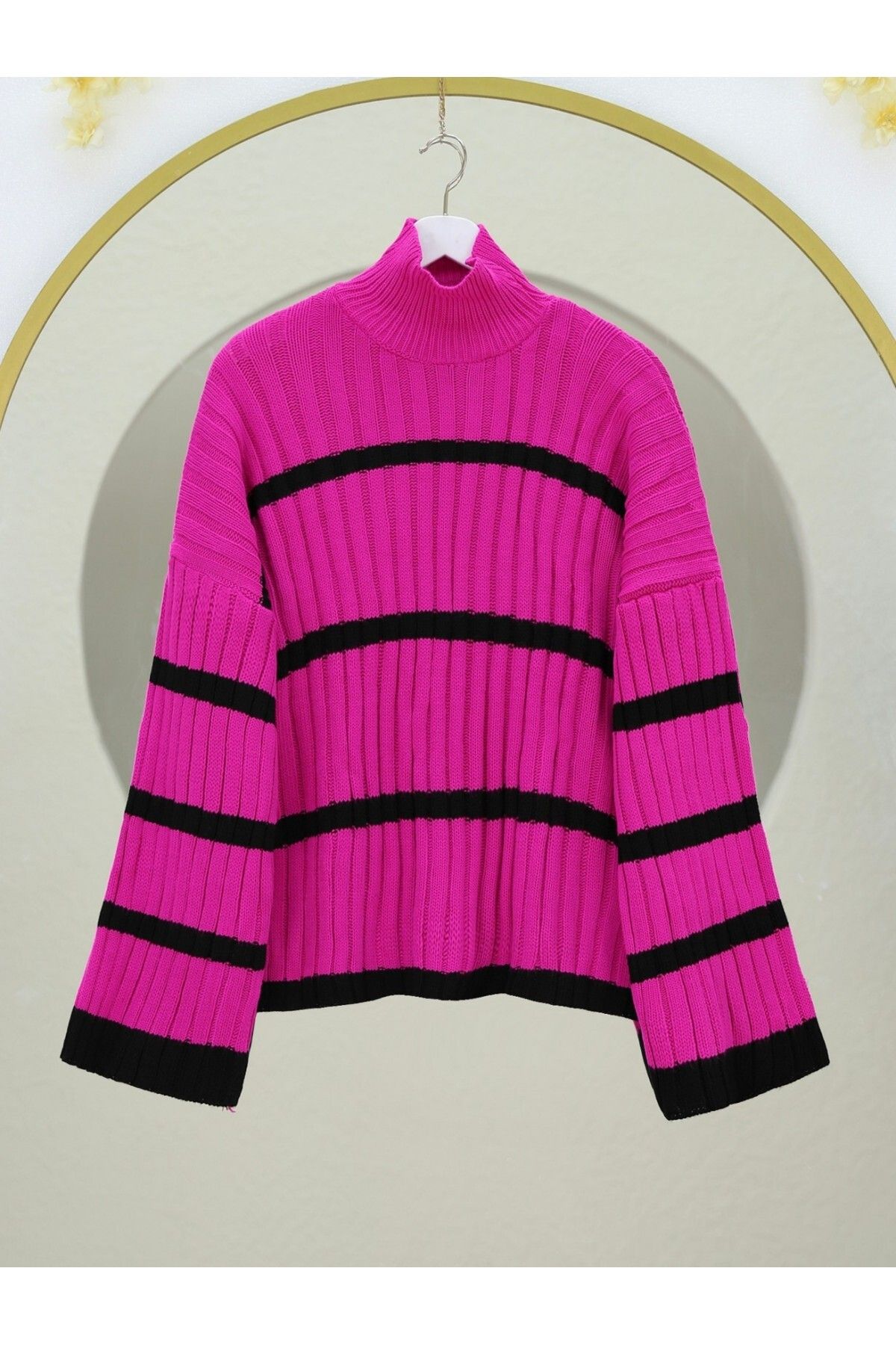 Modamorfo-Loose Sleeve Striped Knitwear Sweater -Fuchsia 1