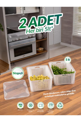 Kavi Entegre Plastik 2'li Sepetli Saklama Kabı (5 Lt) Seti - Buzdolabı, dondu...