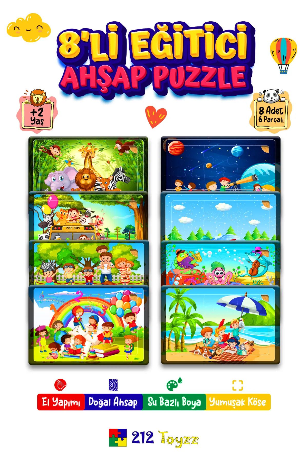 212toyzz ahşap 8 ad Ahşap Çocuk Puzzle 6 Parçalı 8 Adet Eğitici Öğretici