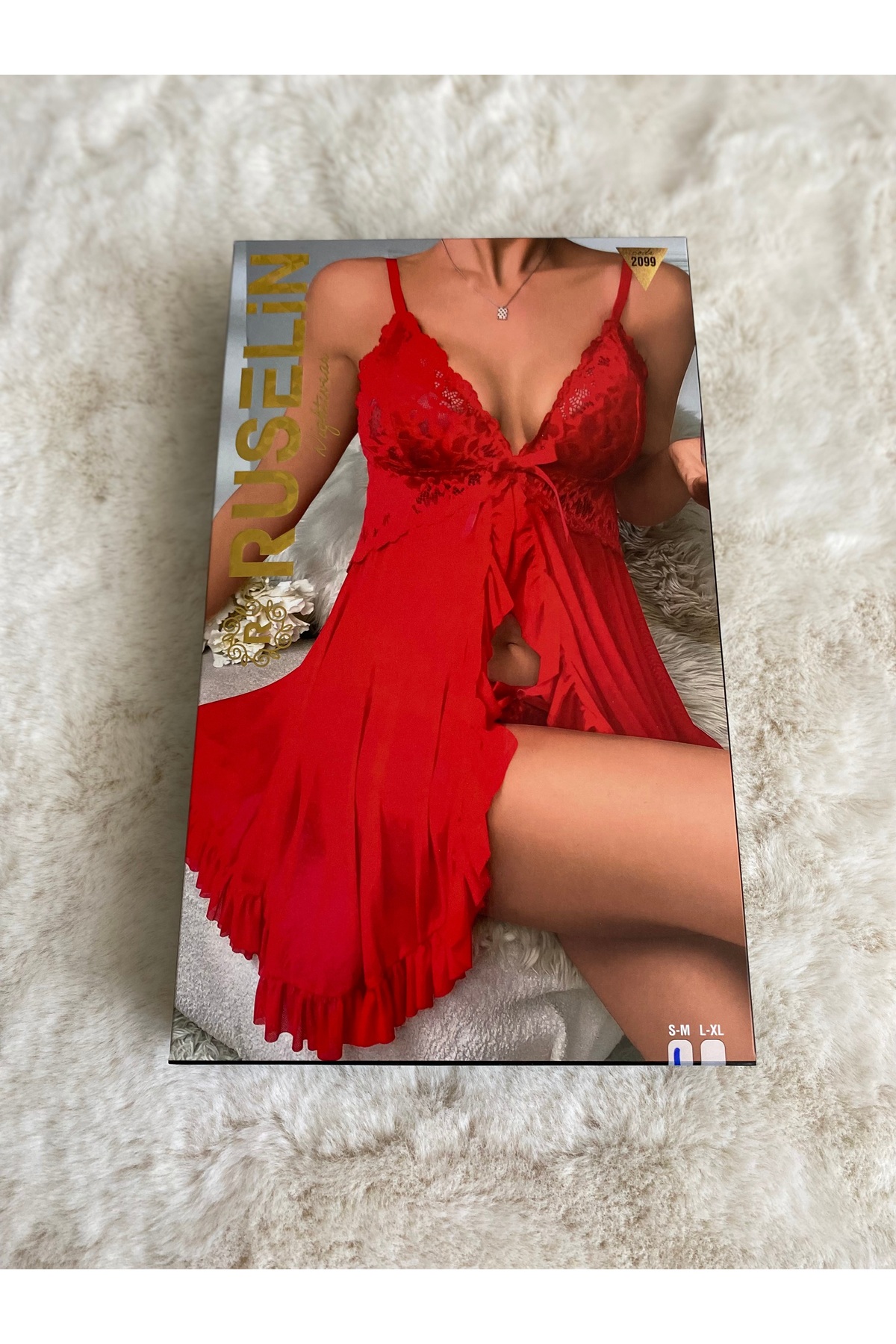 MODA Ruselin kırmızı dantel detaylı tül gecelik