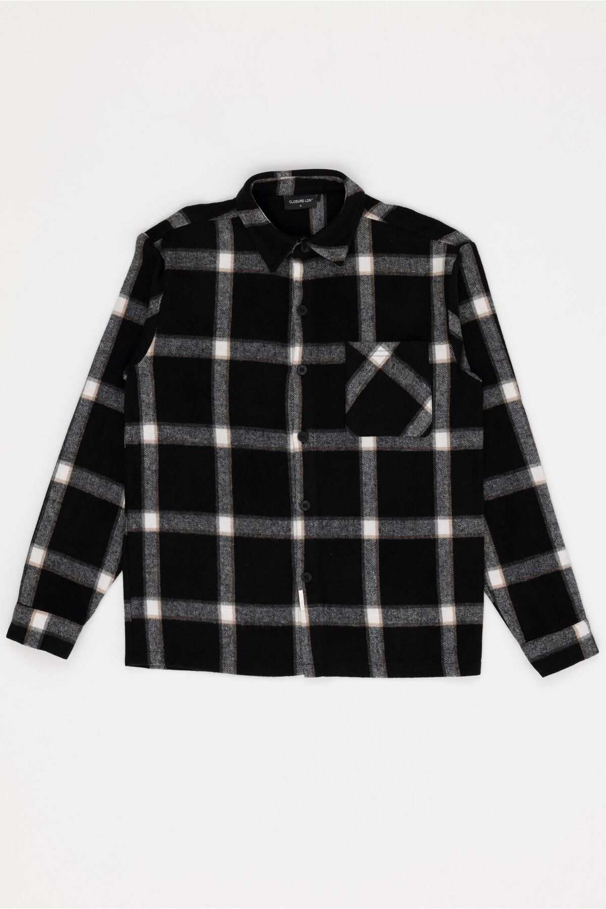 For You Man Cămașă Neagră De Lumberjack Cu Un Singur Buzunar În Carouri Supradimensionate Masculin - XL