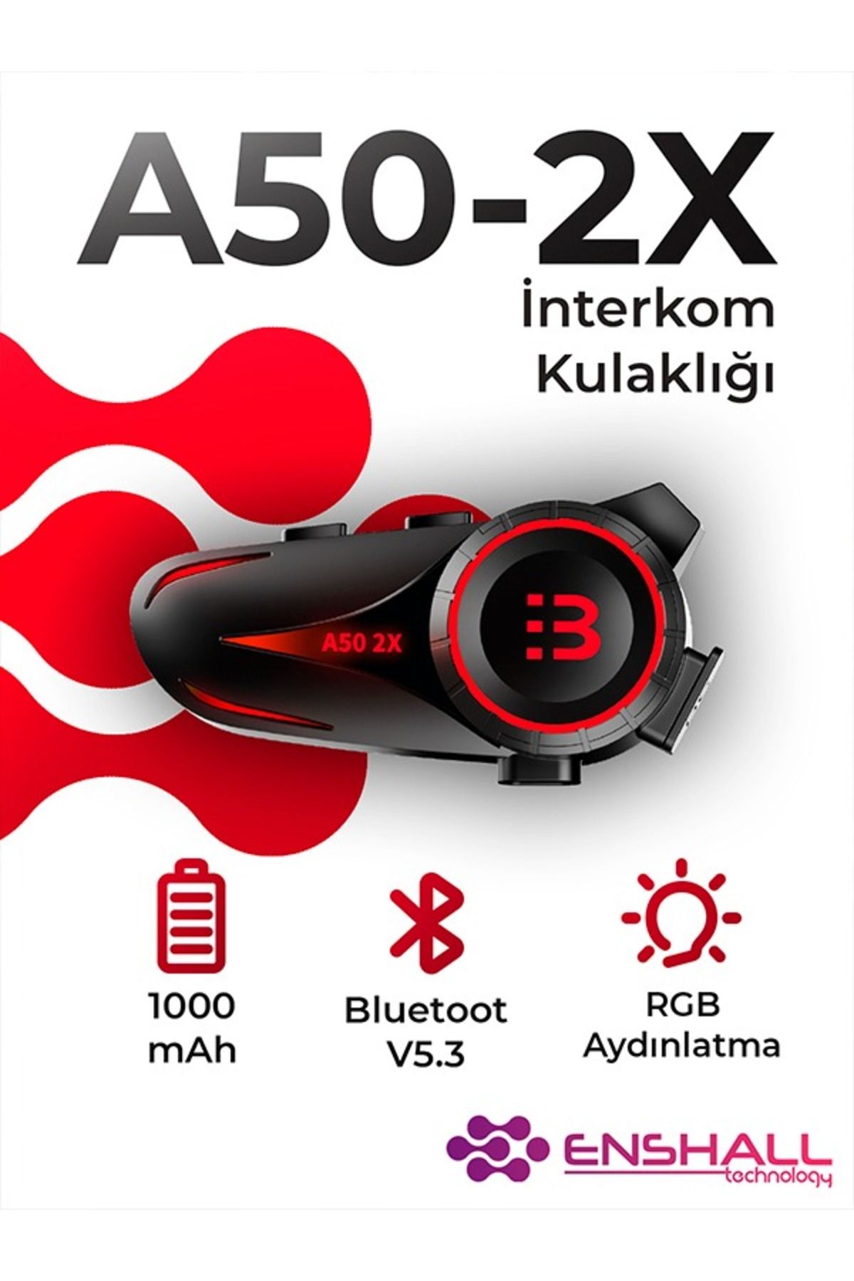 Enshall Yeni 2025 Model Yeni Sürüm A50-2X Bluetooth V5.3 Motosiklet Kask Kulaklık RGB İntercom Seti