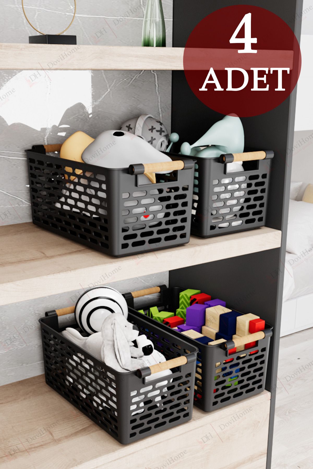 DOVİ HOME-4 Black Baskets |   Wooden Look Multi-Purpose Basket Organizer Set with Handle 1