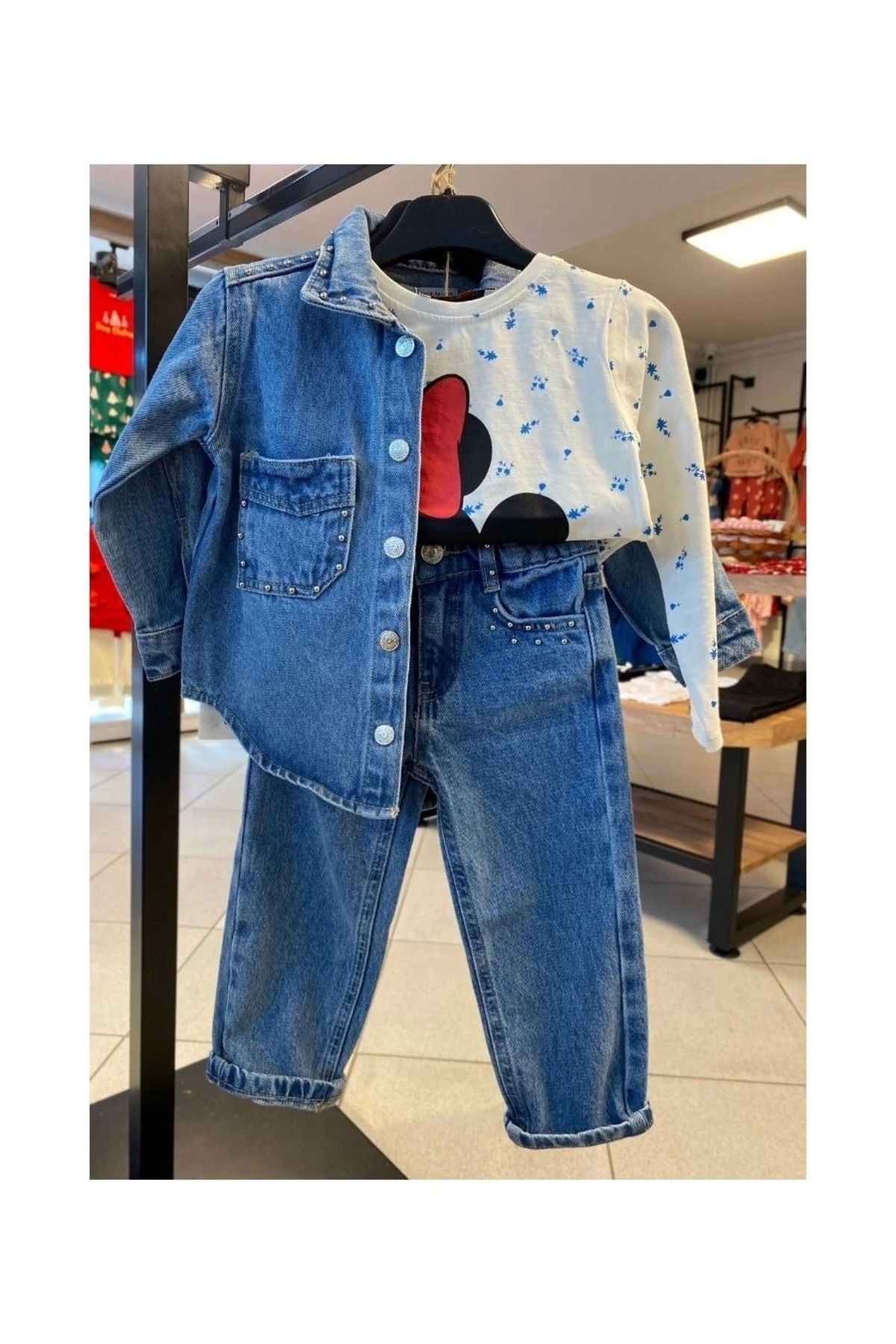 Kids Mavi Renk Zımba Detaylı Unisex Jean Pantolon