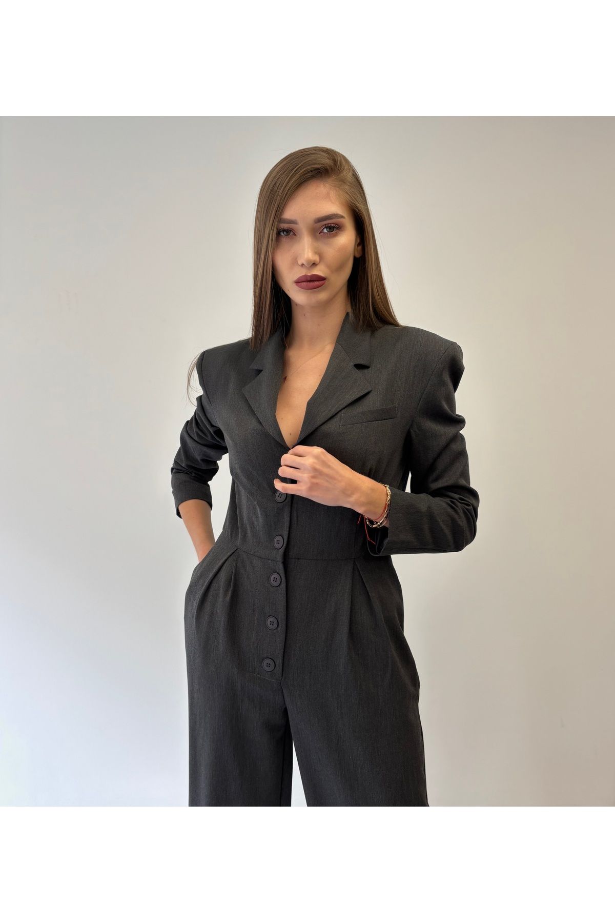 ossons-Buttoned Jumpsuit with Shoulder Padding 3