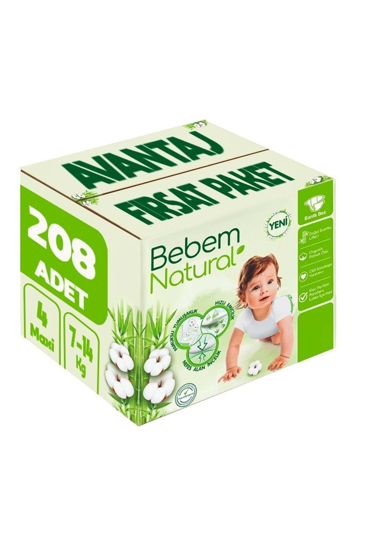 Bebem Natural Bebem Bebek Bezi Natural Beden:4 (7-14Kg) Maxi 208 Adet Avantaj Fırsat Pk