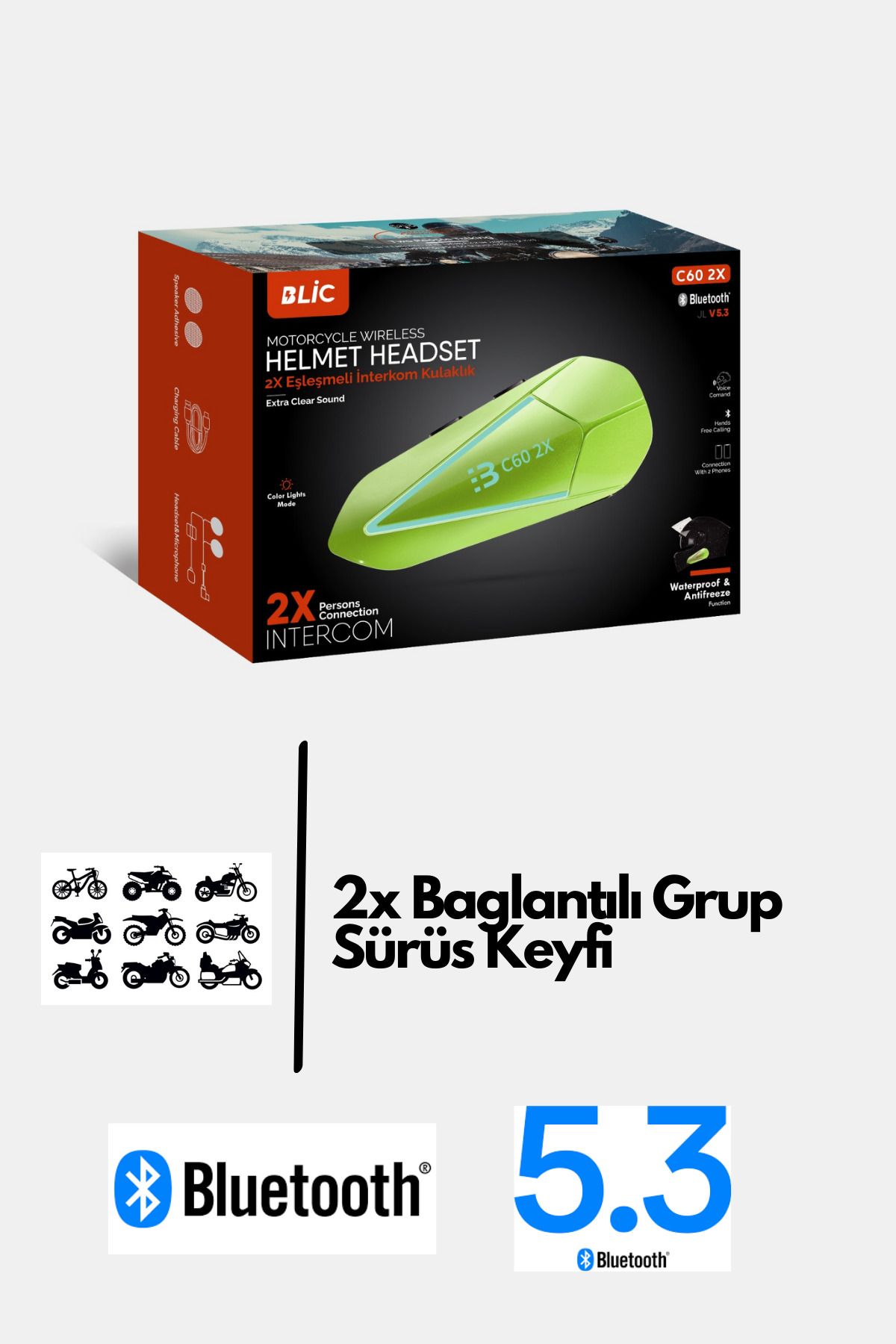 Sarftech 2X Bağlantılı Telsizli Bluetooth 5.3 Motosiklet Kask Kulaklık Intercom Motorsiklet Interkom C60-2X