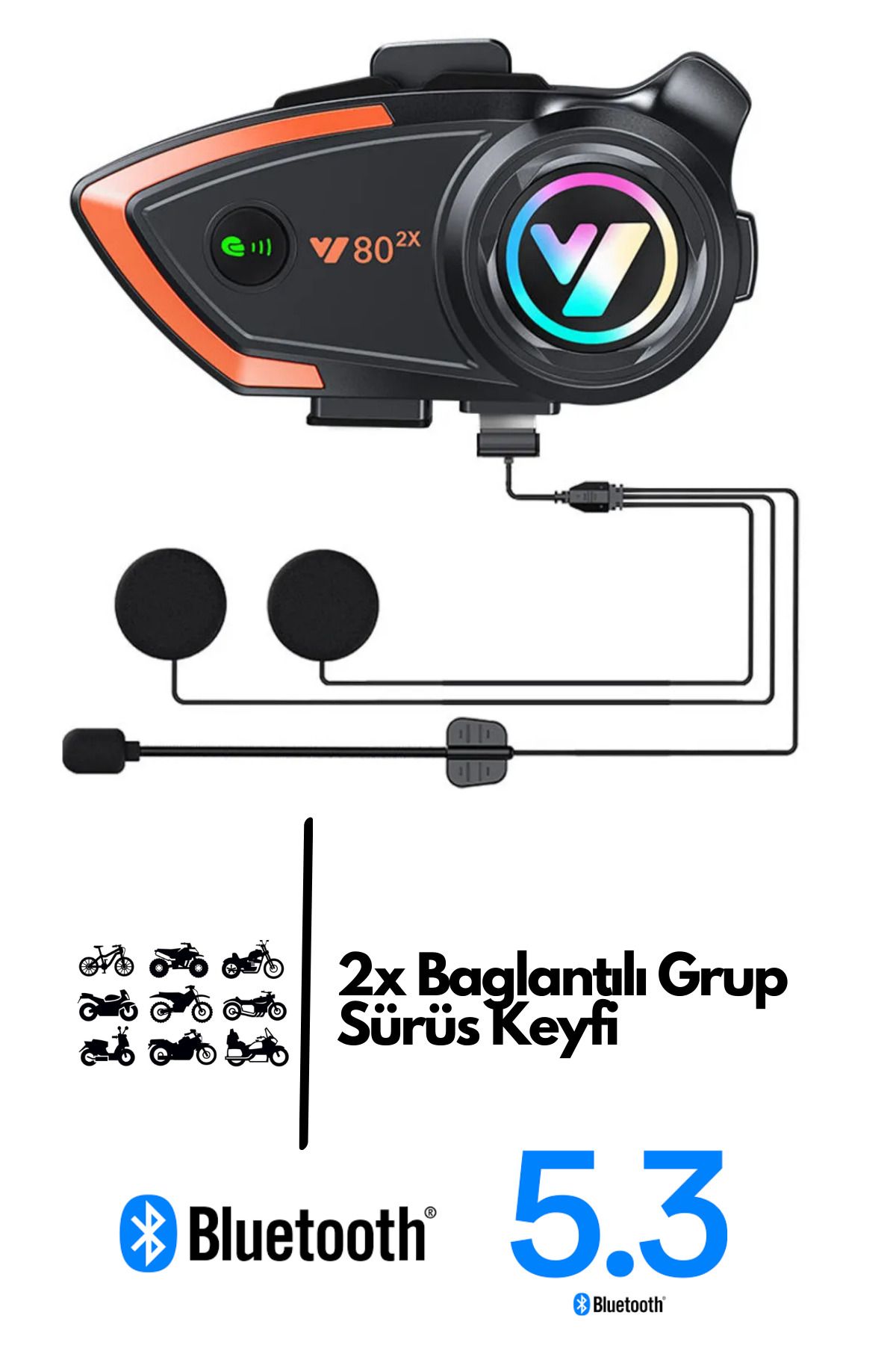 Sarftech 2 Kişilik Bağlantı Eşleşmeli Bluetooth V5.3 Motosiklet İntercom  RGB Işıklı Bluetooth Kulaklık Seti