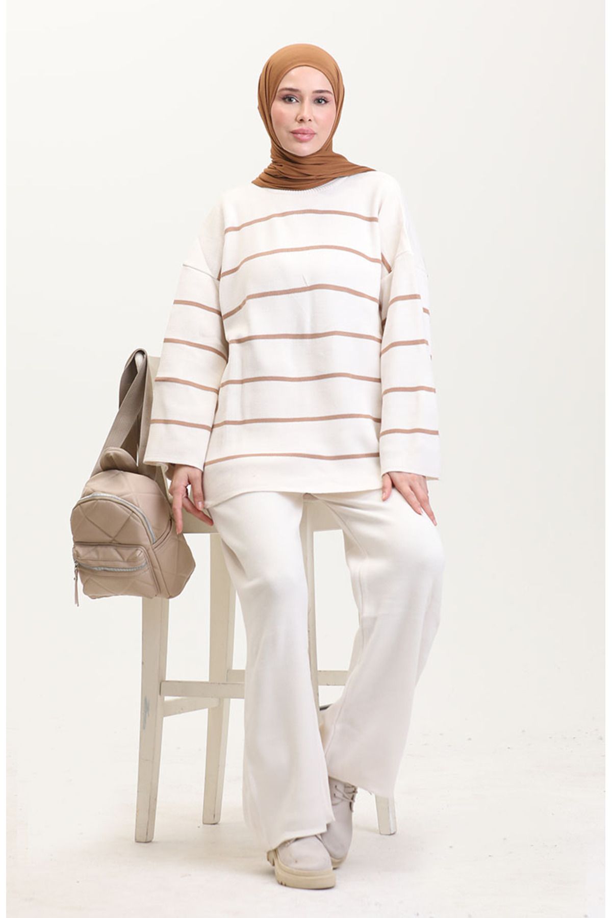 sefamerve-3083-04 Model Cream Colored Striped Knitwear Set 2