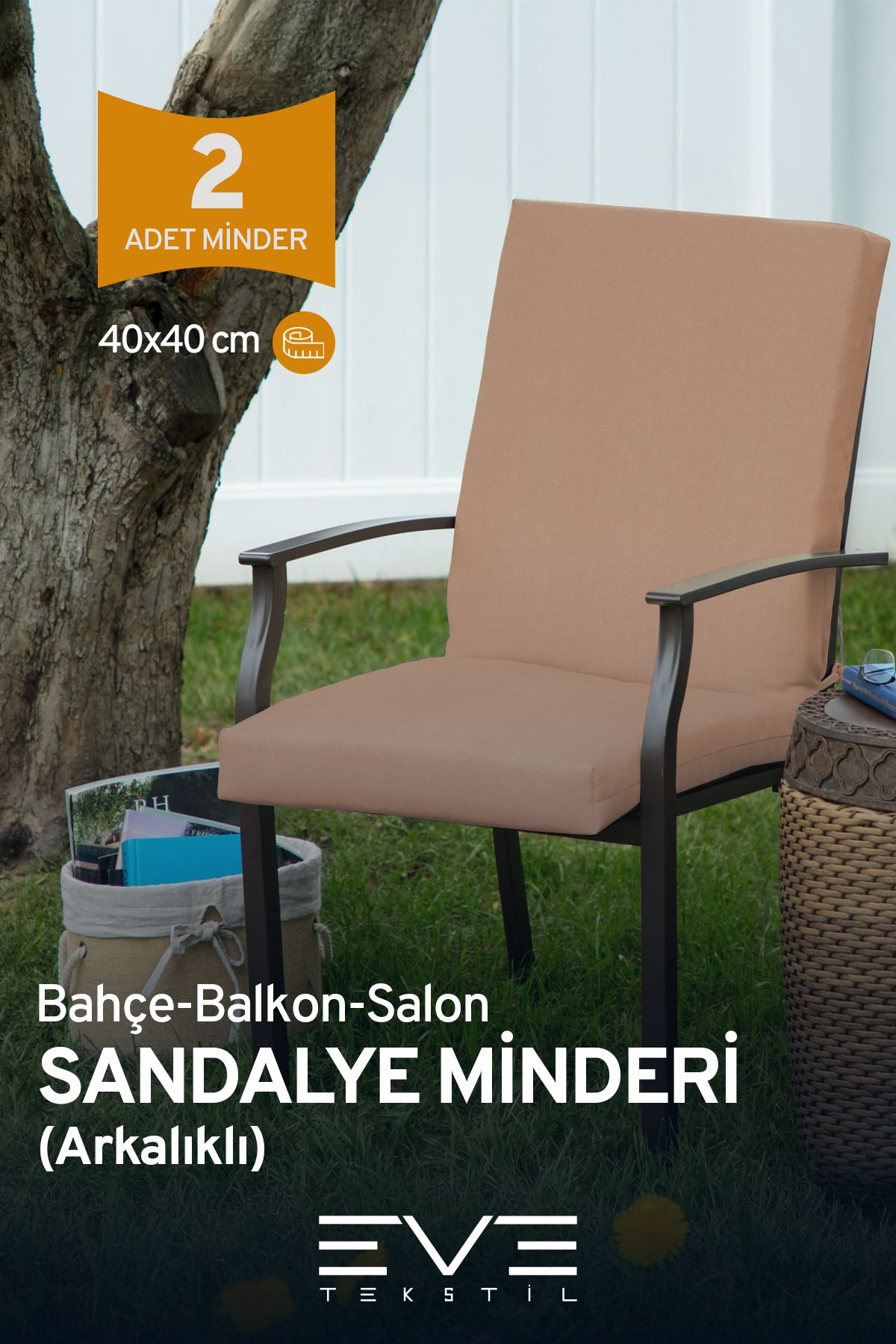 Eve Tekstil Bahçe - Salon - Balkon Arkalıklı Fermuarlı Bağlanabilir Yıkanabilir Sandalye Minderi 2 Adet