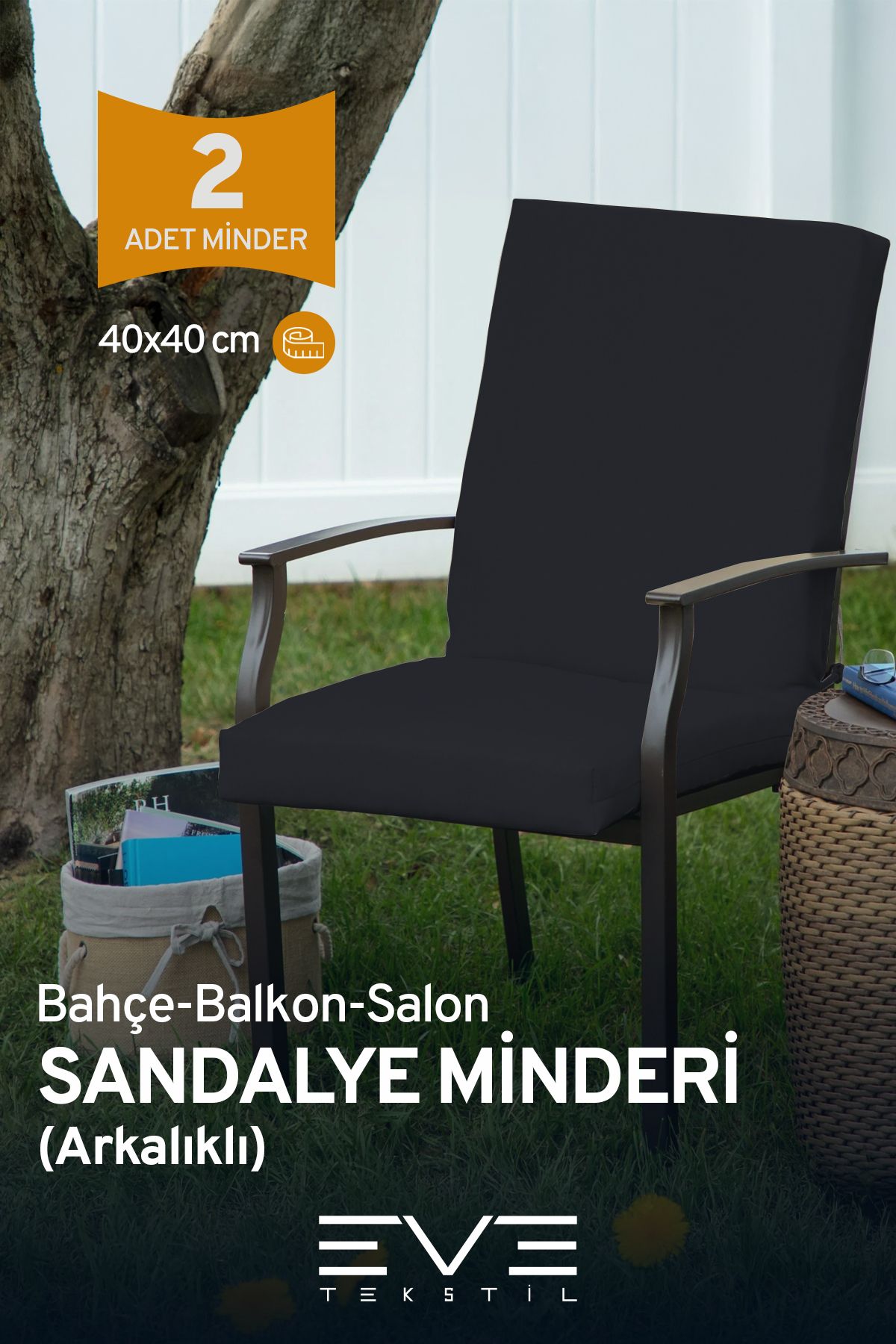 Eve Tekstil Bahçe - Salon - Balkon Arkalıklı Fermuarlı Bağlanabilir Yıkanabilir Sandalye Minderi 2 Adet