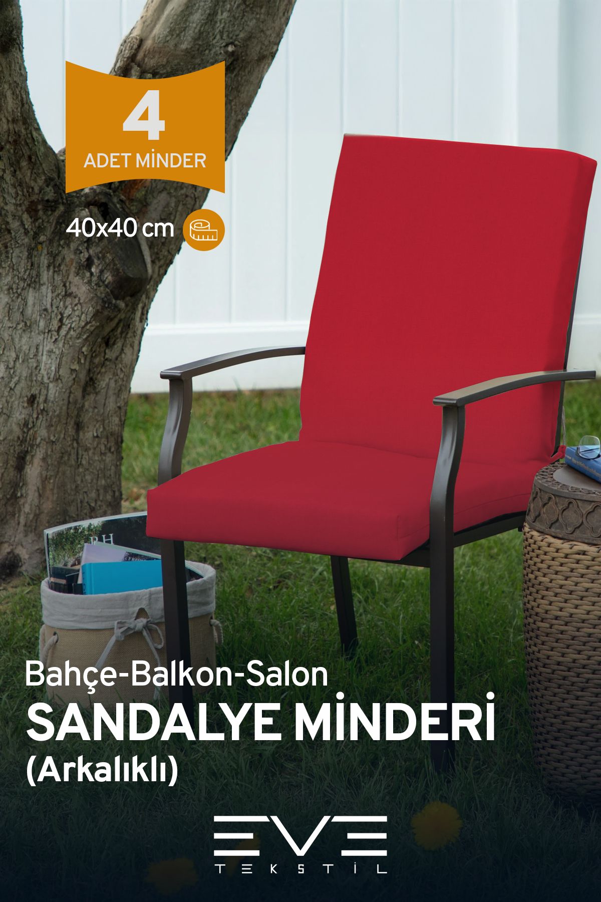 Eve Tekstil Bahçe - Salon - Balkon Arkalıklı Fermuarlı Bağlanabilir Yıkanabilir Sandalye Minderi 4 Adet