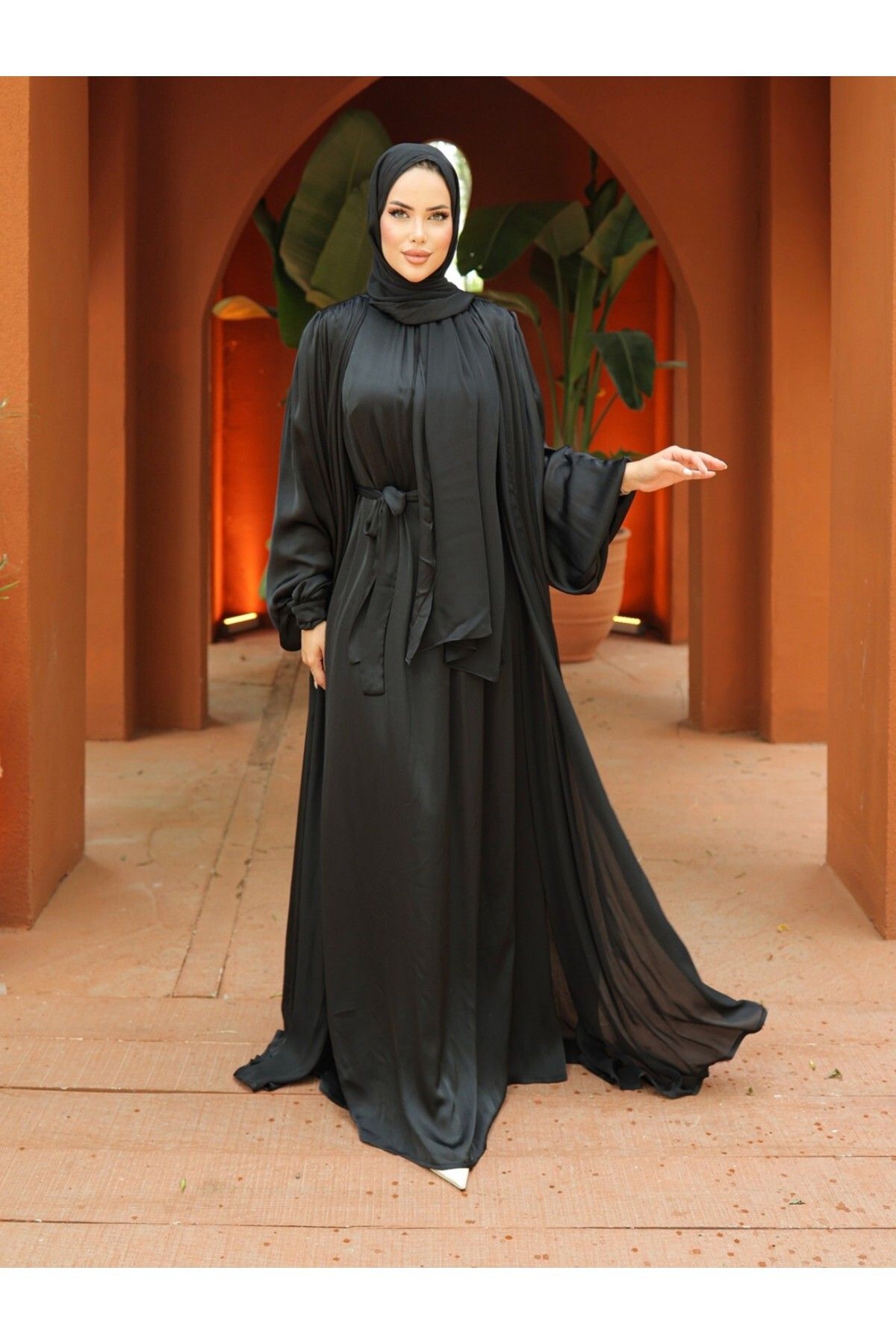 Modamorfo-Crinkle Silk Satin 3-dielna sada Abaya – čierna 4