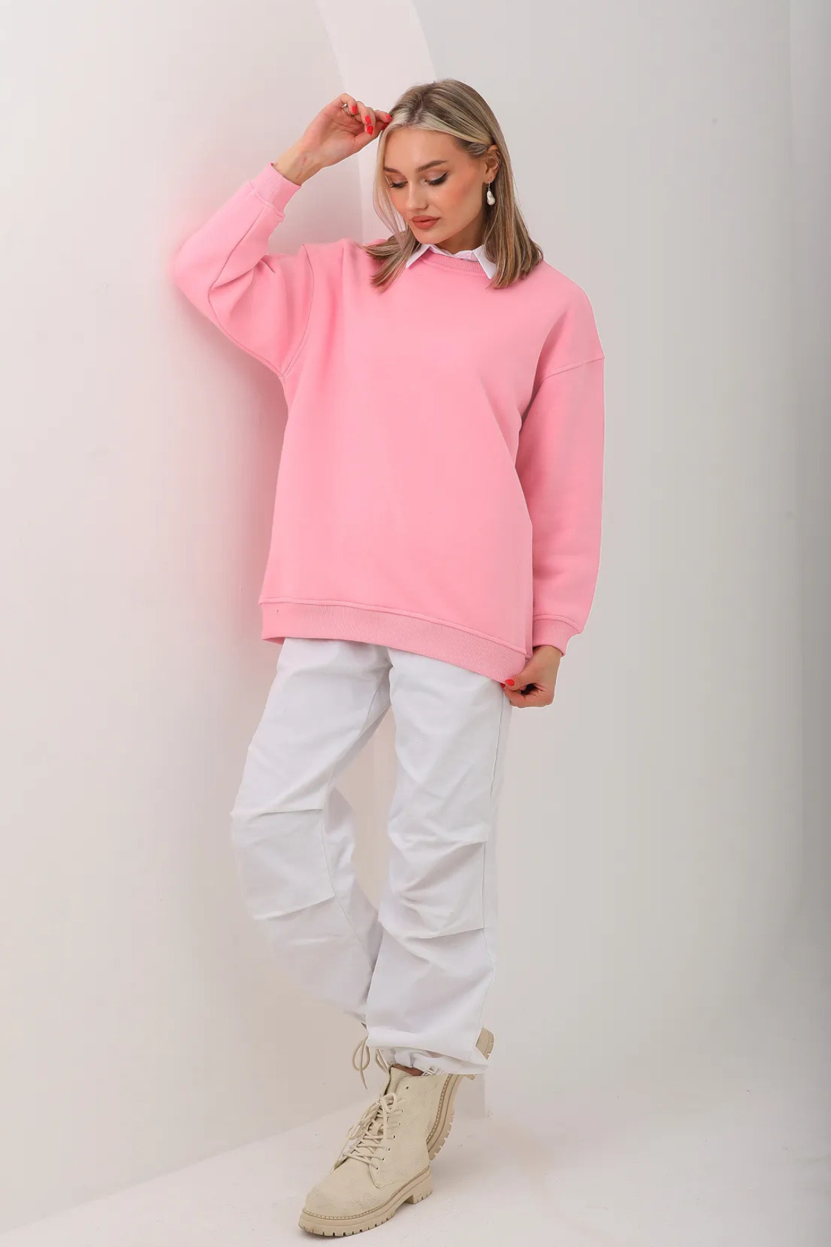 Ice Bisiklet Yaka Oversize Sweatshirt — صورتی mah-paggos-Ice-sweat-1 — تصویر 3 از 4