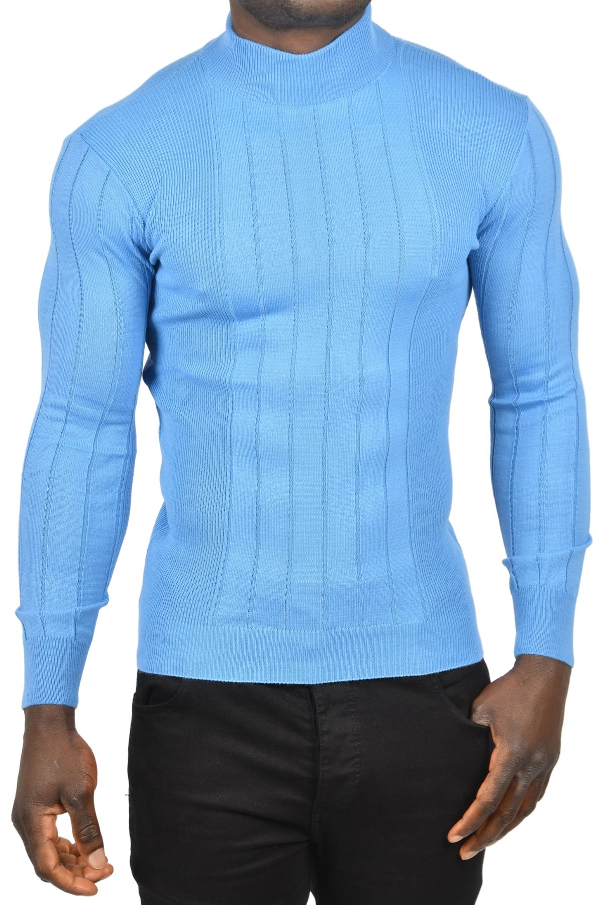 DeepSEA-Men's Blue Half Turtleneck Striped Non-Pilling Slim Fit Knitwear Sweater 2505491 1