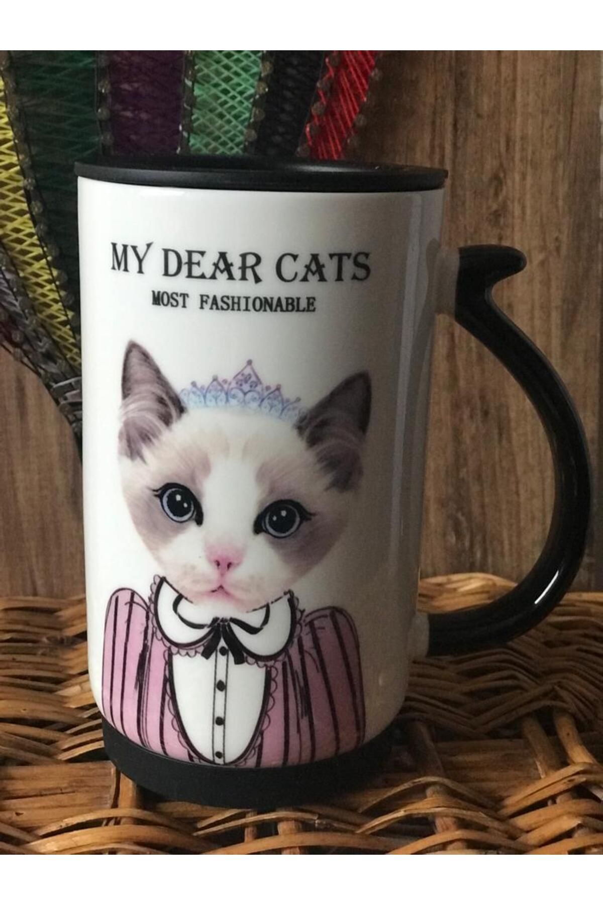 ZİPHİDA Kedi Tasarımlı Çay Kahve Seramik Kupa Termos Mug