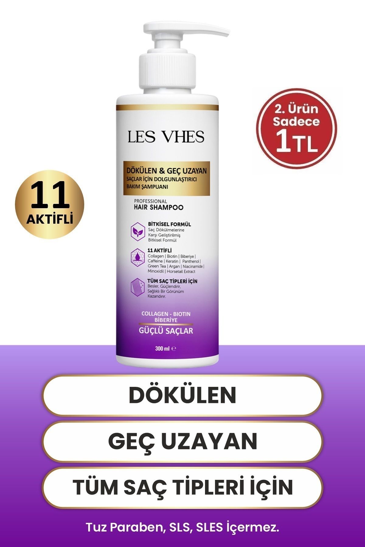 LES VHES Kolajen Ve Keratin Dökülen Ve Geç Uzayan Saçlar Için 11 Aktifli Saç Dökülmesi Karşıtı Şampuan 300 ml-1