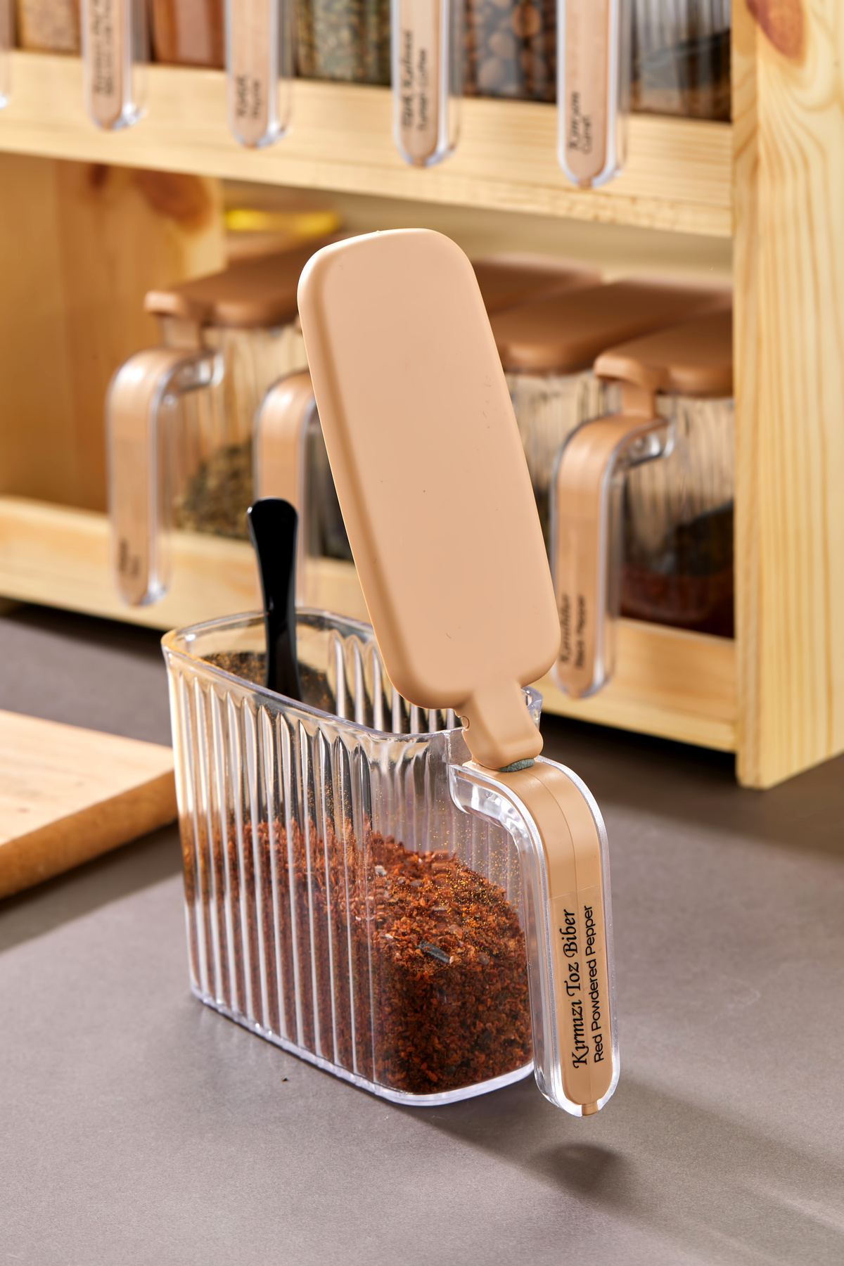 trendy kitchen AHŞAP STANDLI 10'LU KAPAKLI KAŞIKLI BAHARATLIK