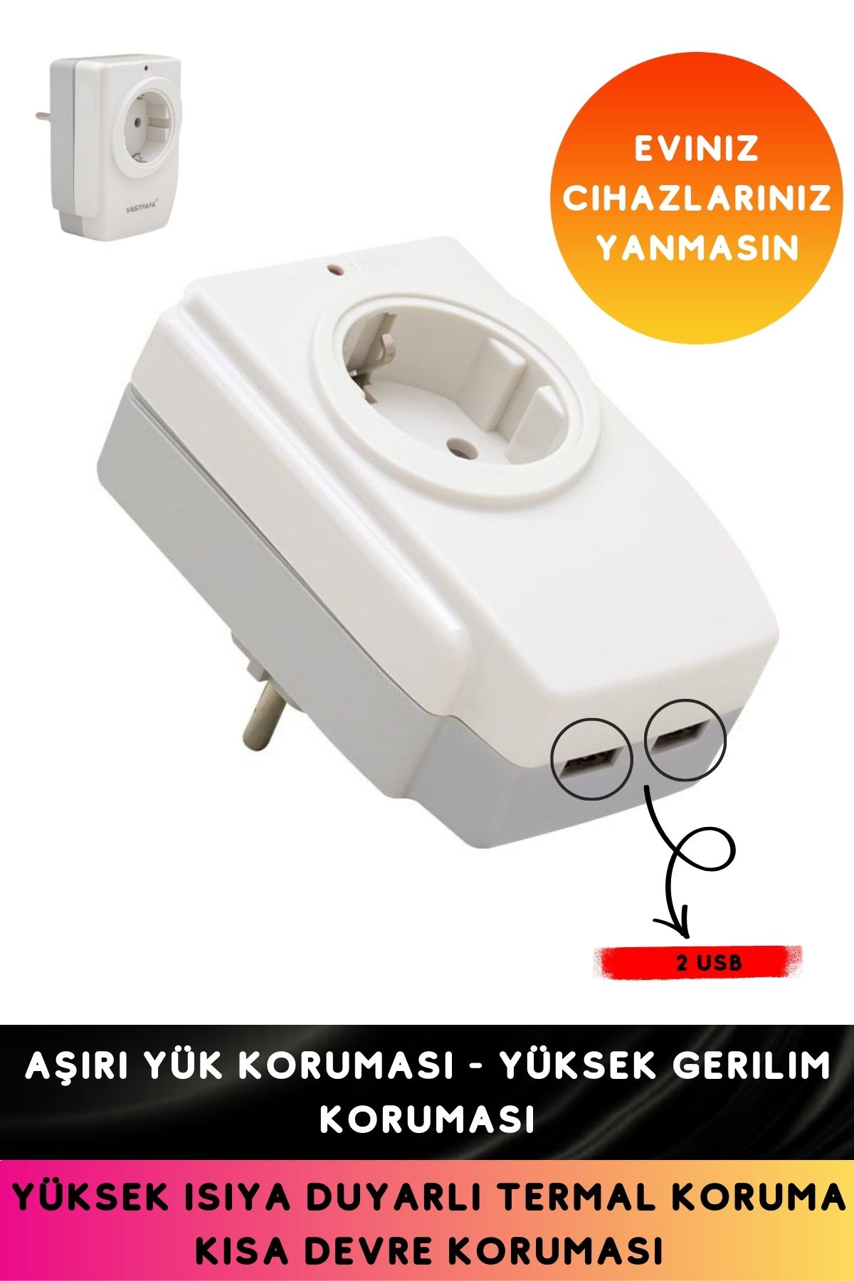 bossandmuse Aşırı Yük Koruması - Yüksek Gerilim Koruması 16 Amper - 3680 Watt 2 Usb'li  Akım Korumalı Tekli Priz