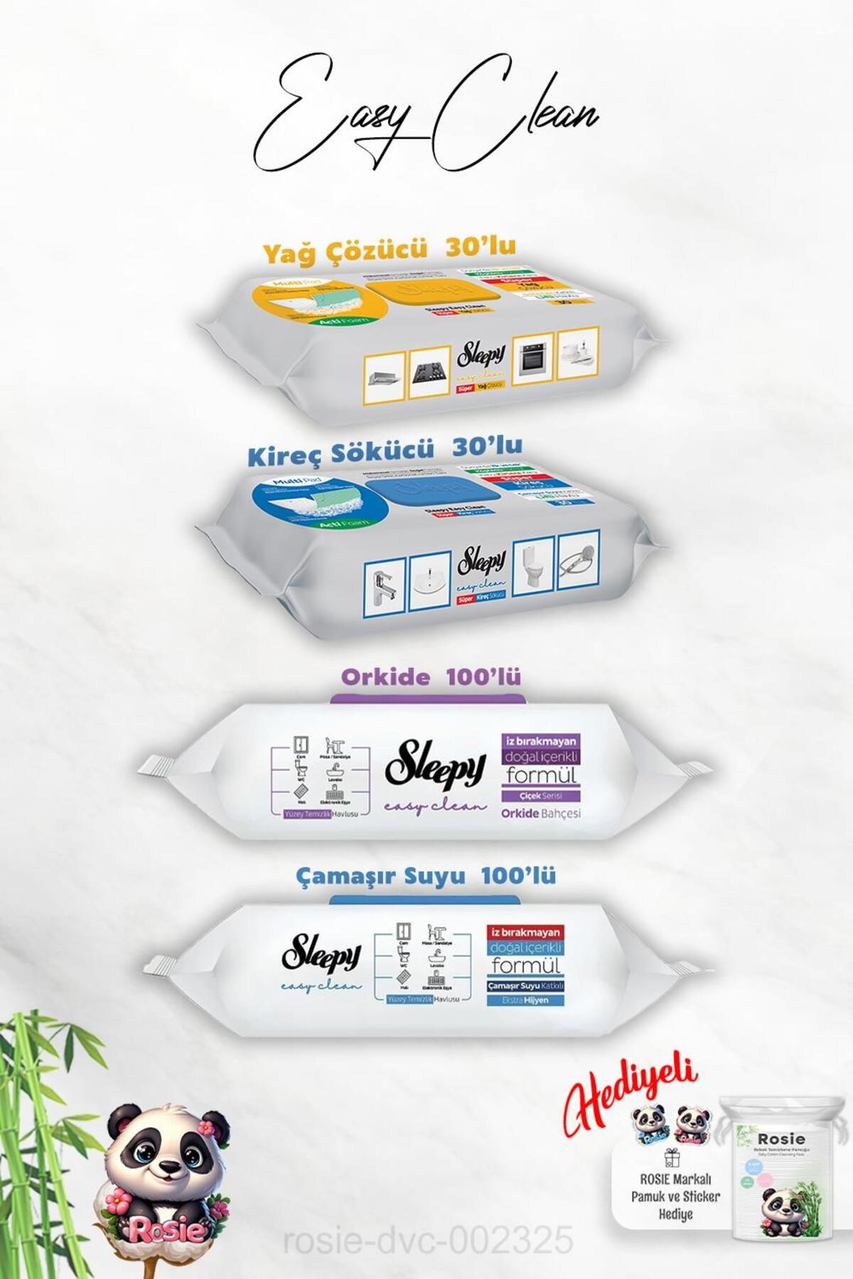 Sleepy Easy Clean 30'lu Sleepy Kireç ve Yağ Çözücü, Çamaşır suyu ve Orkide 100'lü ve Rosie Hediye