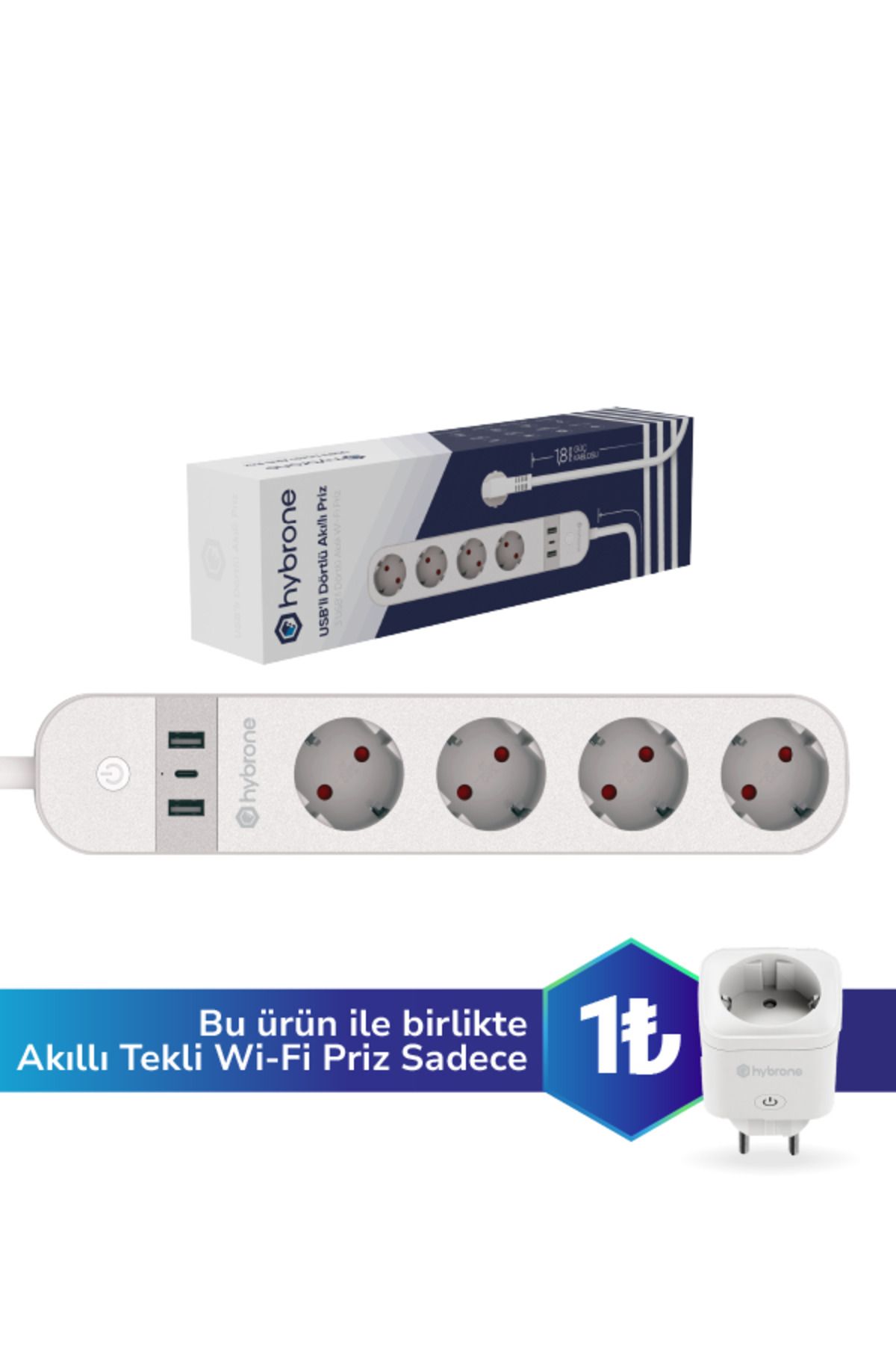 Hybrone Usb Ve Type-c Girişli Akım Korumalı Dörtlü Wi-fi Akıllı Priz, 16 Amper, Enerji Izleme