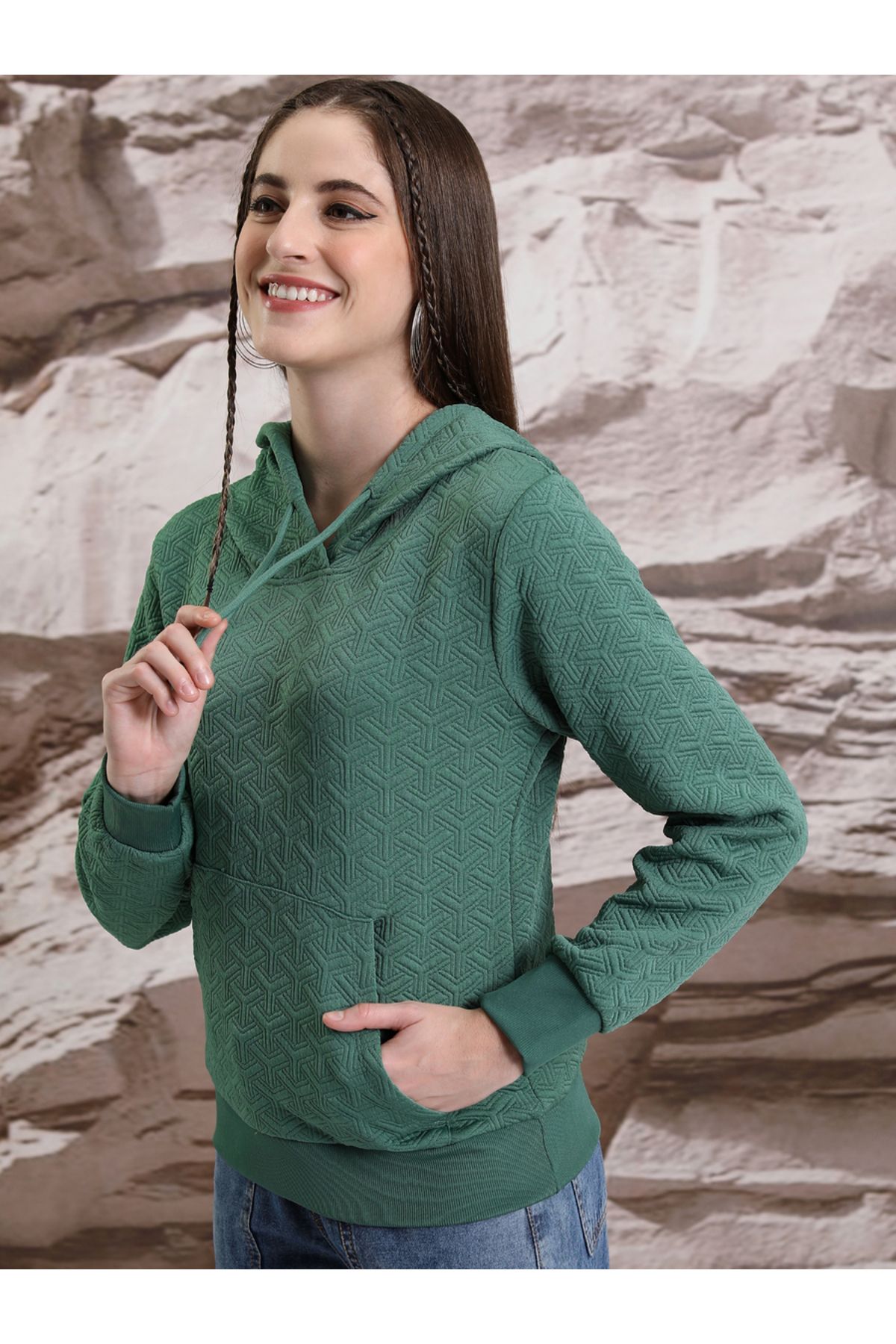 Tokyo Talkies By Styli-Textured Hoodie with Kangaroo Pocket and Long Sleeves 4