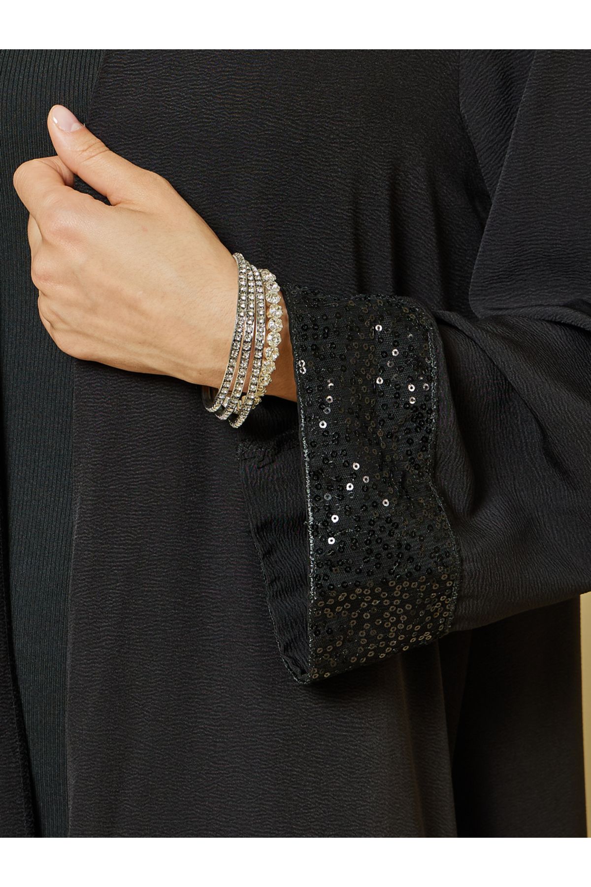 Styli-Sequins Trim on Sleeves Cuff Front Open Abaya 3
