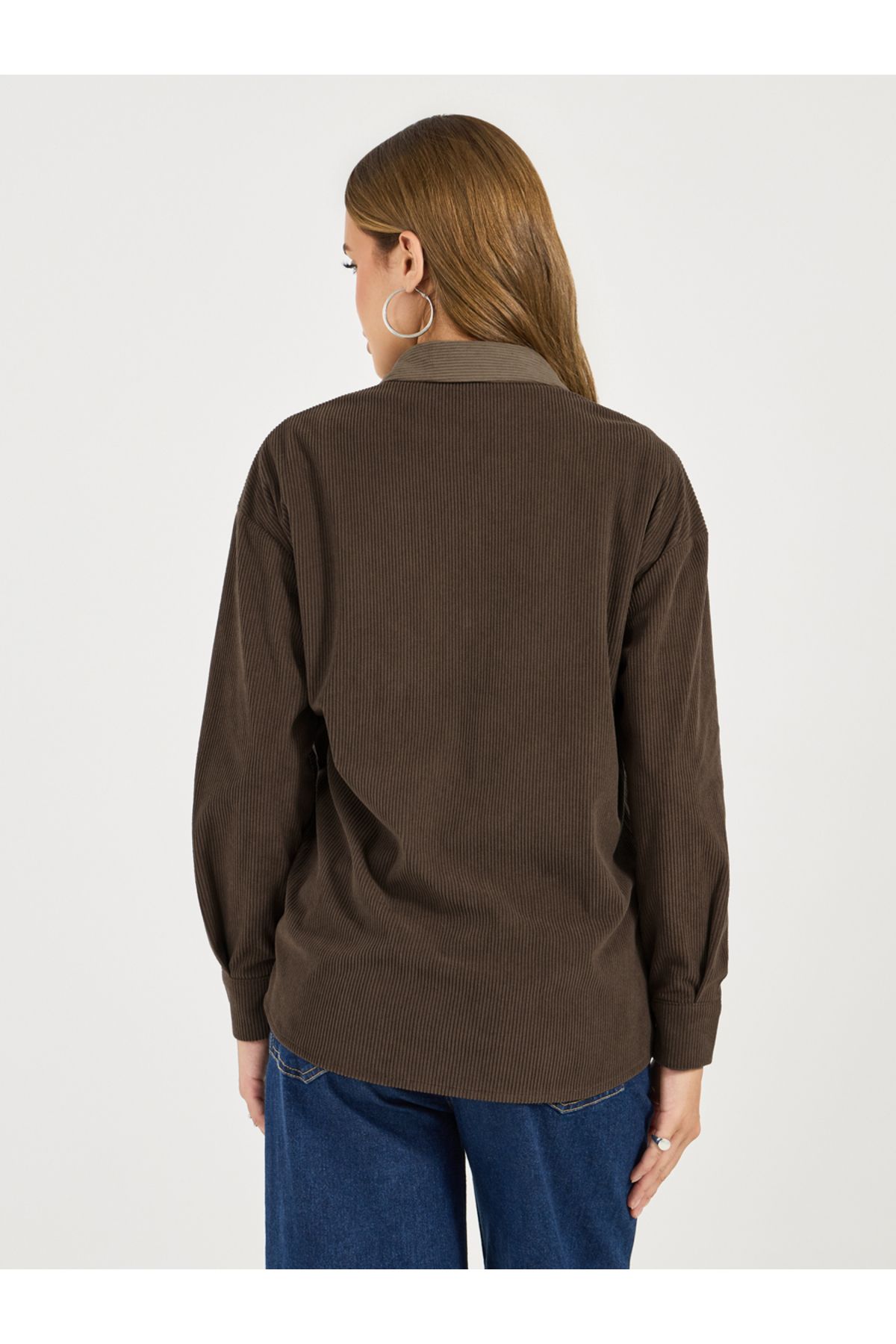 Styli-Oversized Color Block Corduroy Button Up Shirt 5