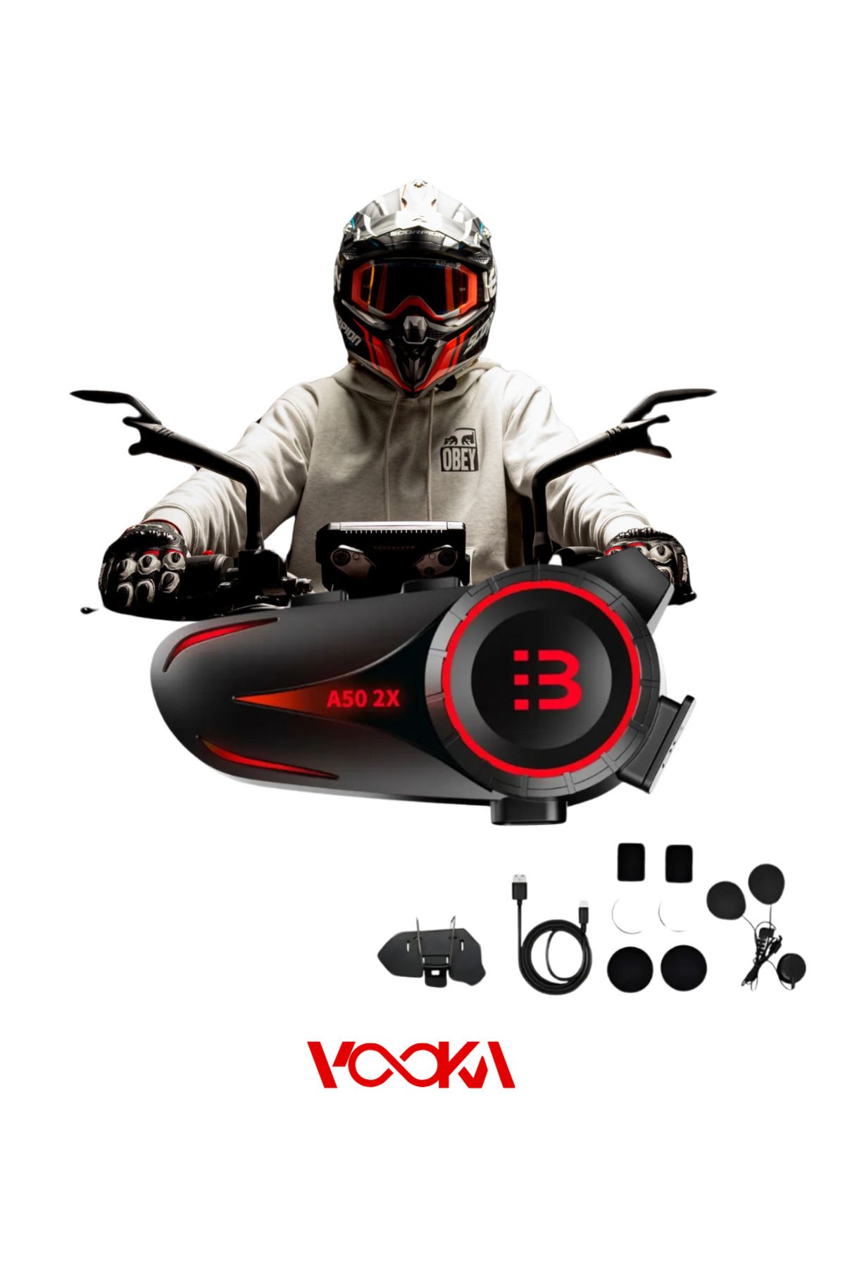 VOOKA 2 Intercom Bağlantılı Su Geçirmez Motosiklet Kask Bluetooth 5.3 300m Intercoom 1.000mah A50