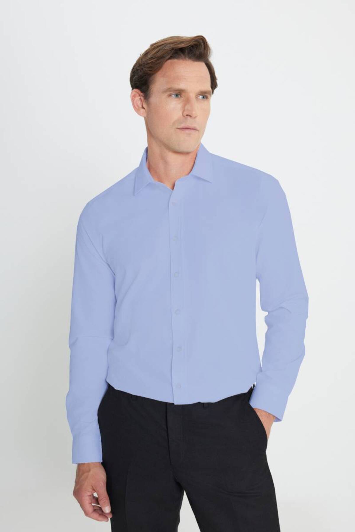 Slim Fit Dar Kesim Klasik Yaka Armürlü Açık Mavi Gömlek