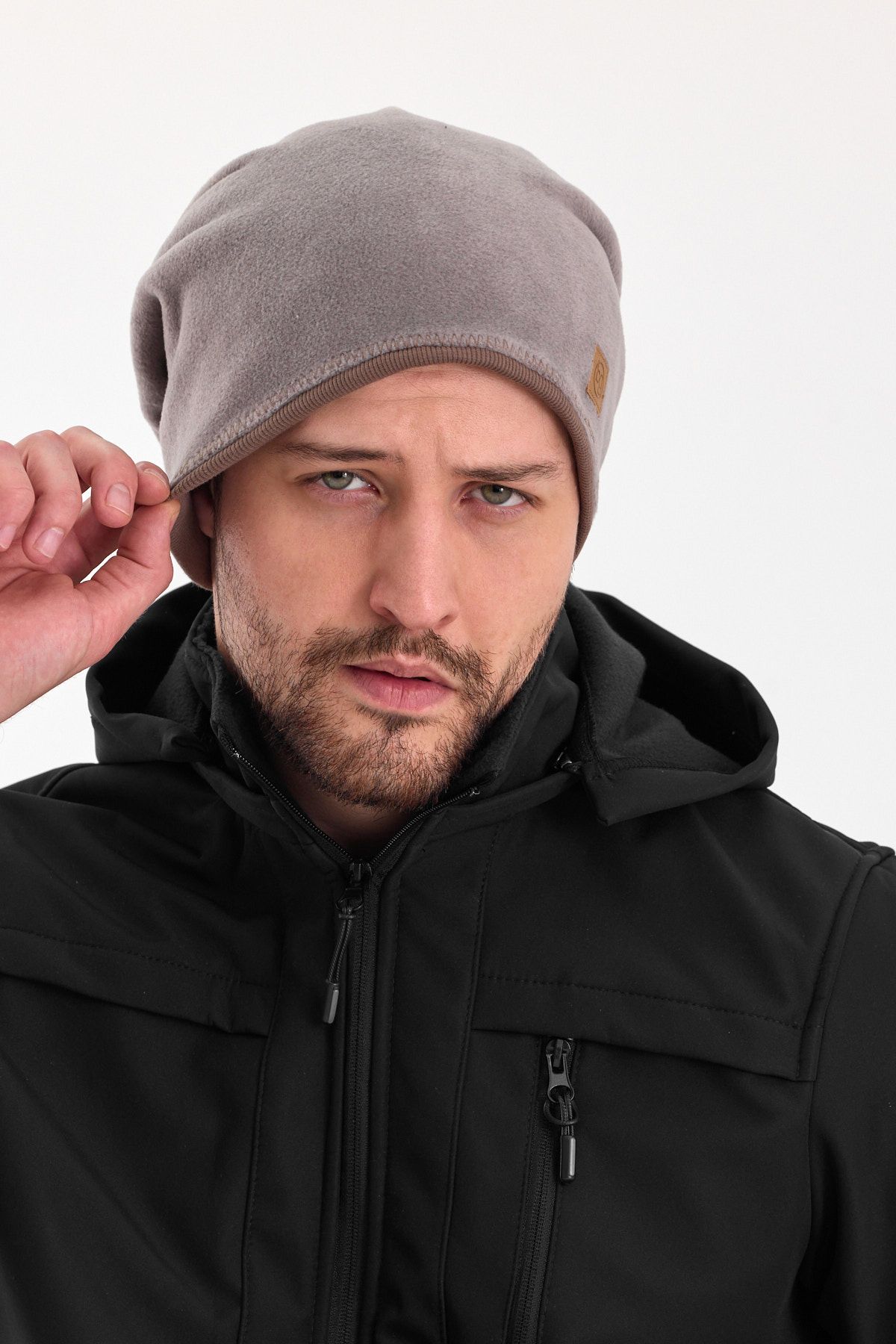 Butikgiz-Men's Gray Fleece Outer, Brown Cotton Inside, Double Color Double Layer Foldable Soft Beanie 5