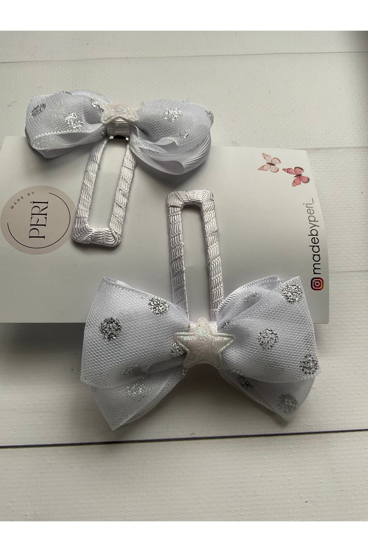 MADE BY PERİ-White Polka Dots and Glitter Tulle Ribbon - Buckle with Snap Fasteners and Bow (Two Pieces) 4