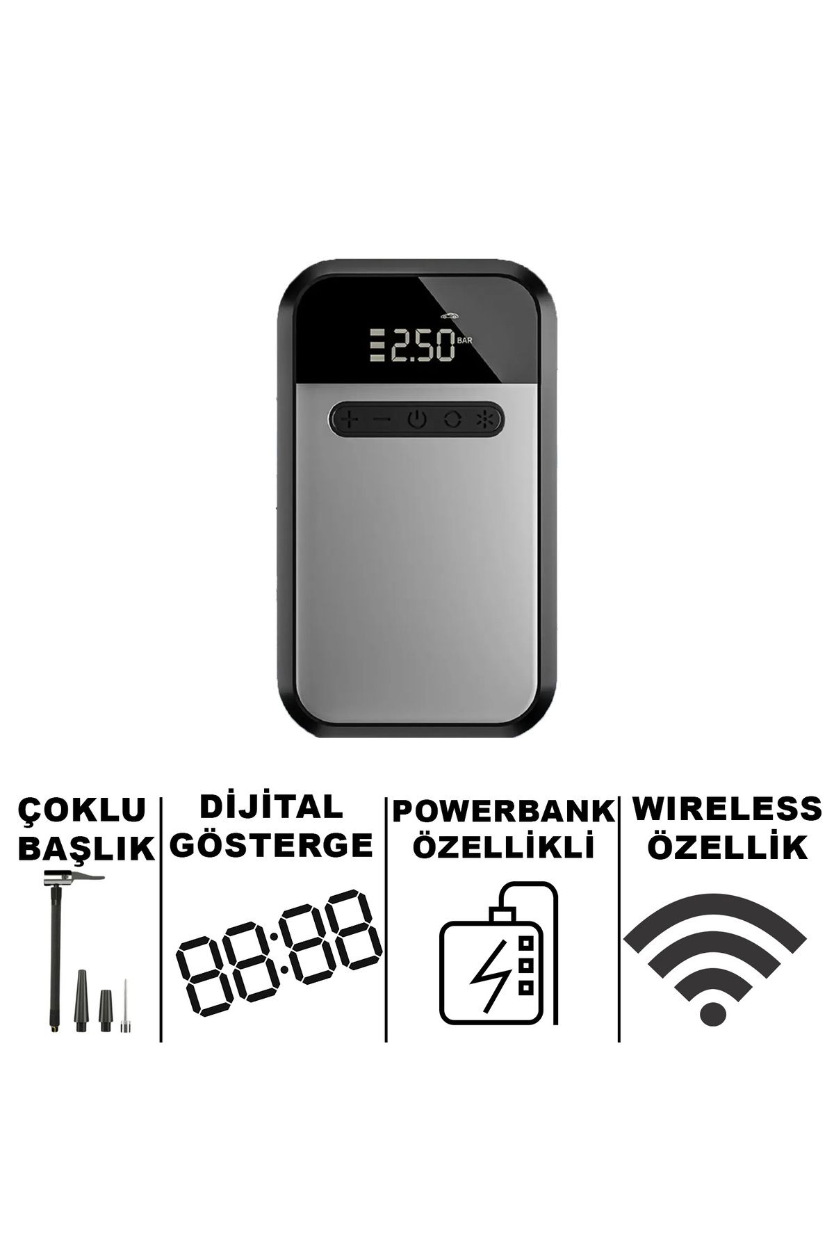 Microcase HL008 Şarjlı Taşınabilir Basınç Göstergeli Kompresör Powerbankli Reflektör Işıklı - AL4903