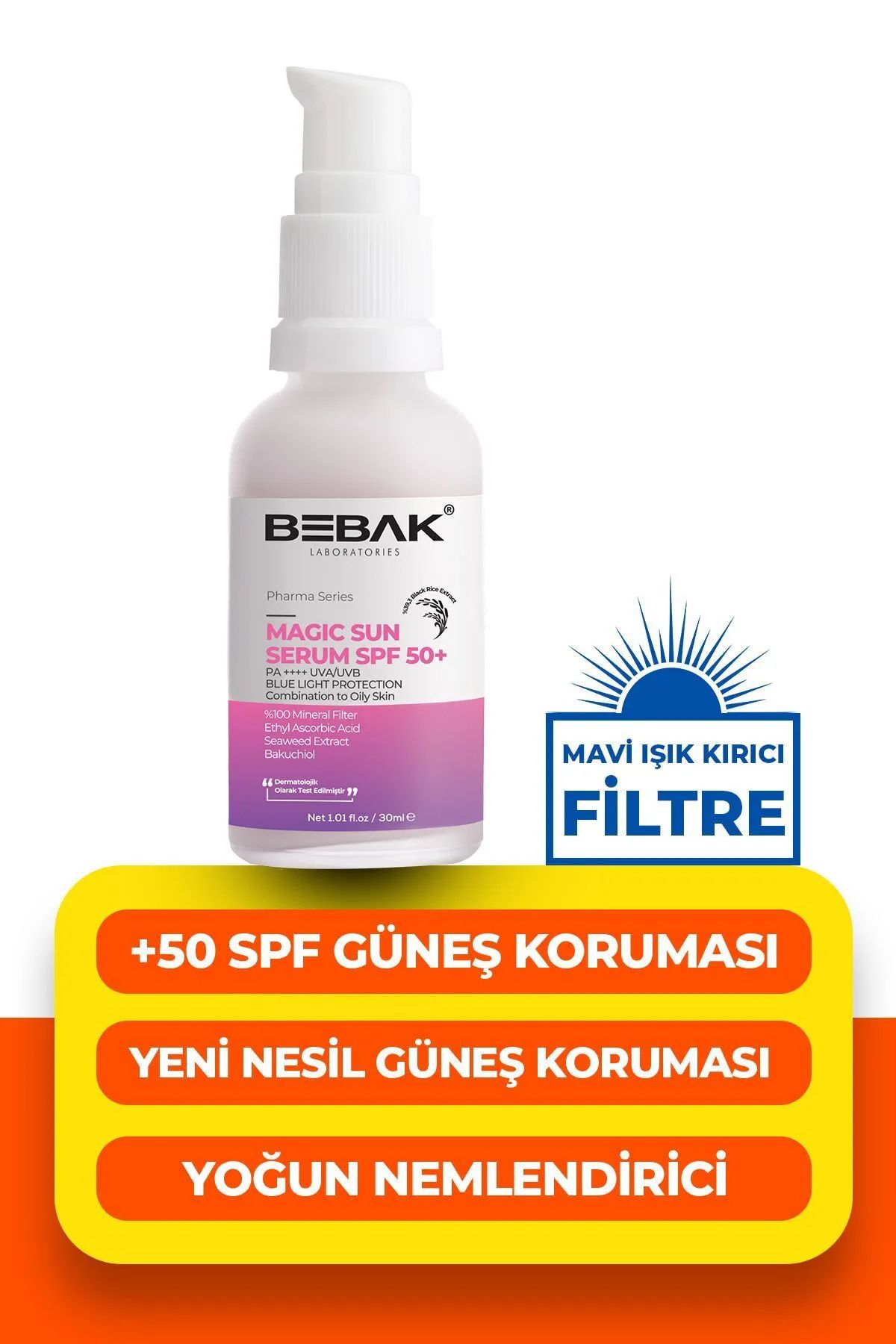 Bebak Aydınlatıcı Etkili,Yüksek Korumalı +50 Faktör Güneş Kremi/Serumu 30ml