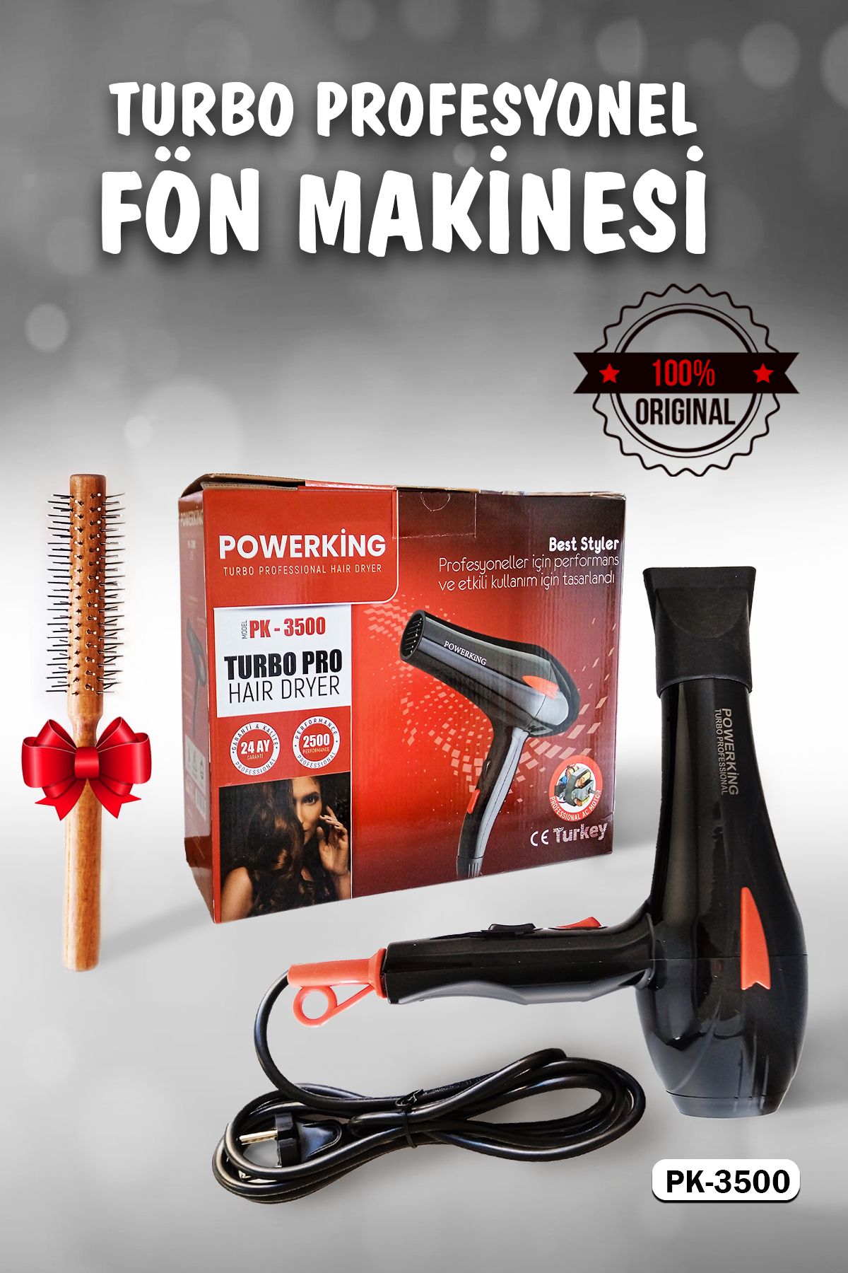 POWERKİNG Çok Fonksiyonlu Pro Ergonomik 2500-WT Saç Kurutma Makinası + Fön Tarağı + Başlık Hediyeli Hairdyer