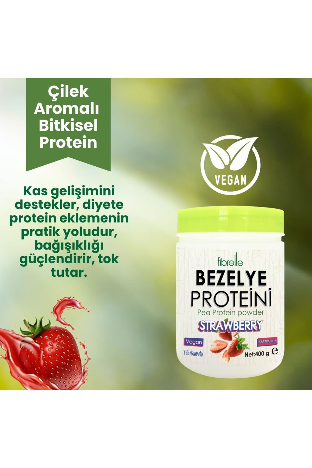 Fibrelle Pea Protein - Strawberry / Bezelye Proteini Çilek Aromalı / Yüksek Protein Oranı-3