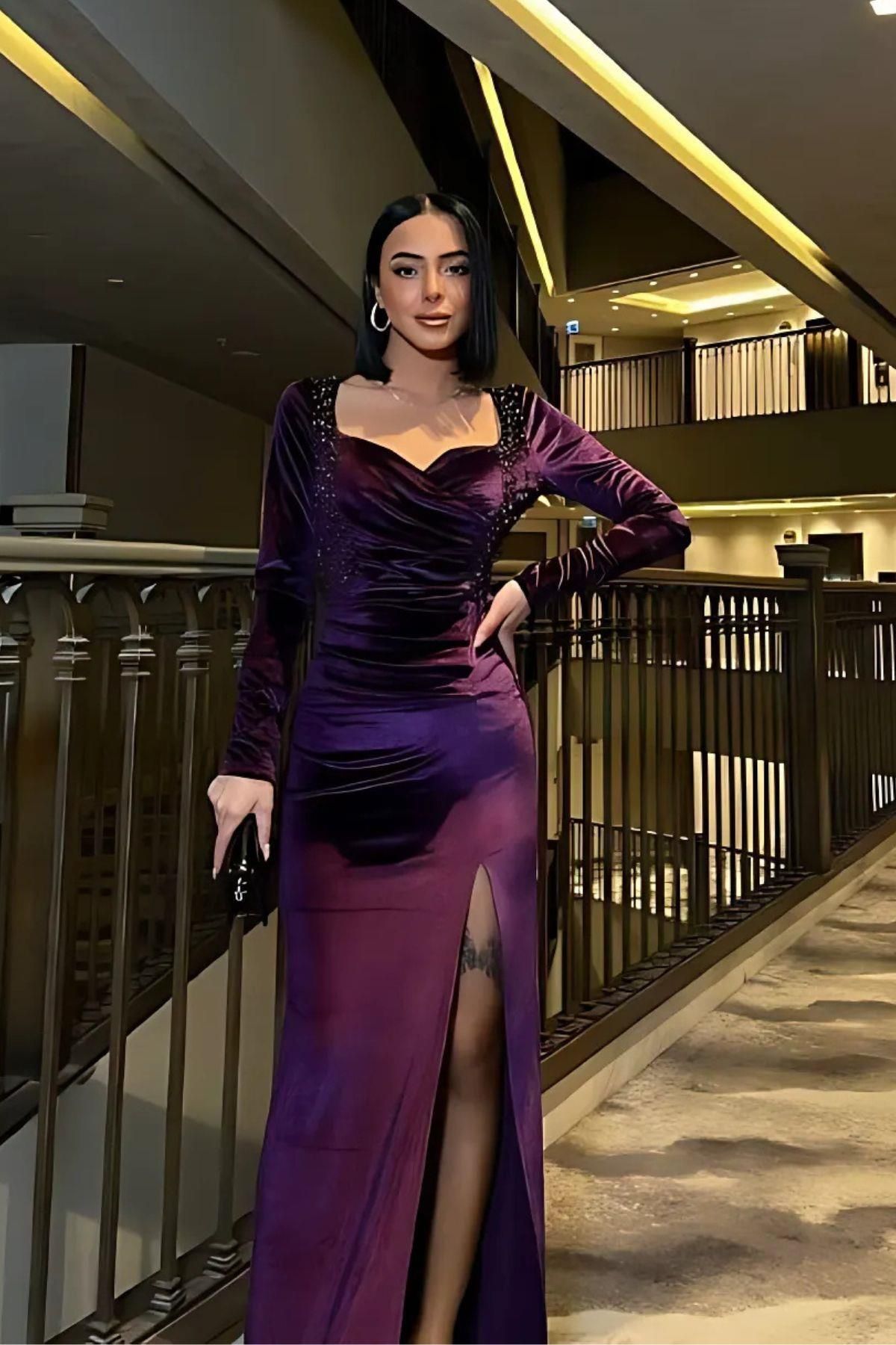 Mossta-Decolteu cu inima Rochie de seara lunga din catifea model de peste cu siret Mov 2