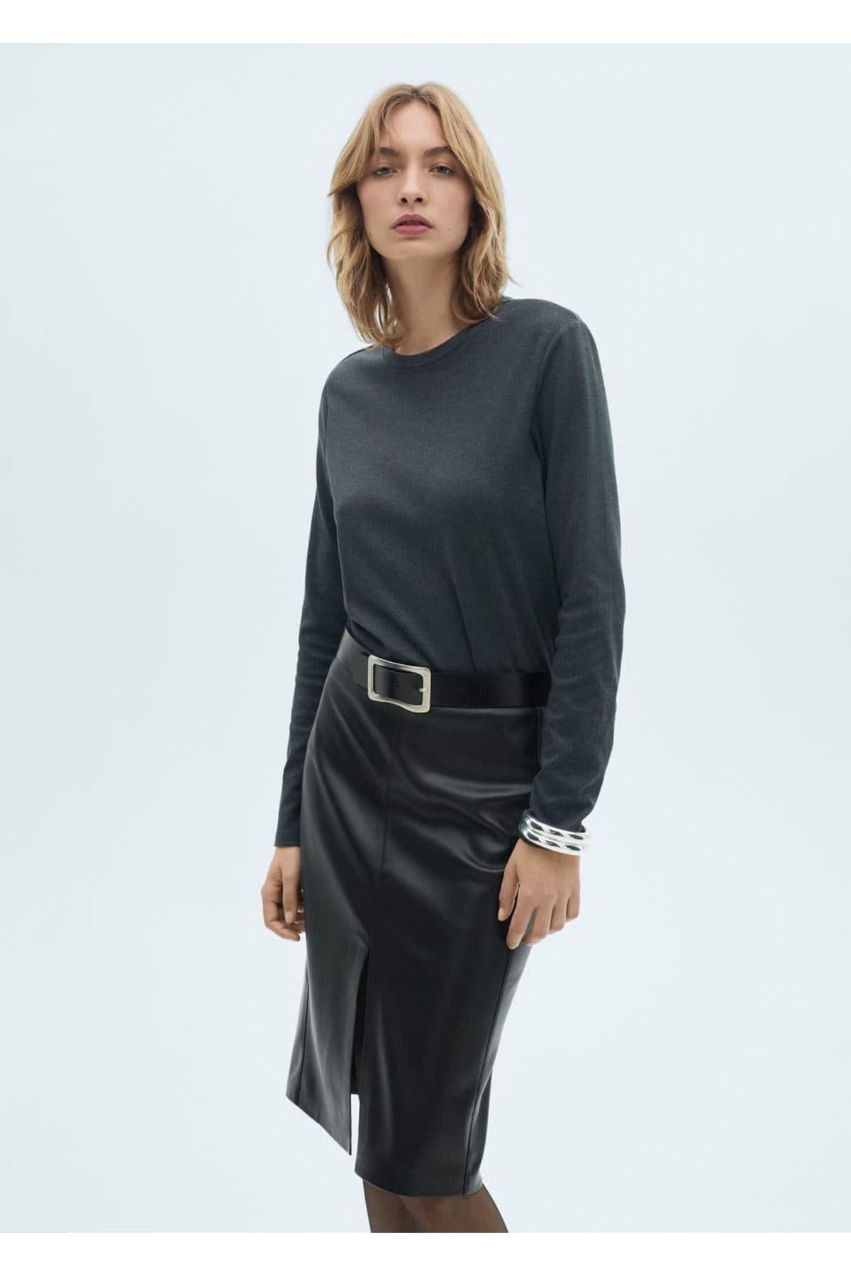 MANGO Woman-Leather look pencil skirt 8