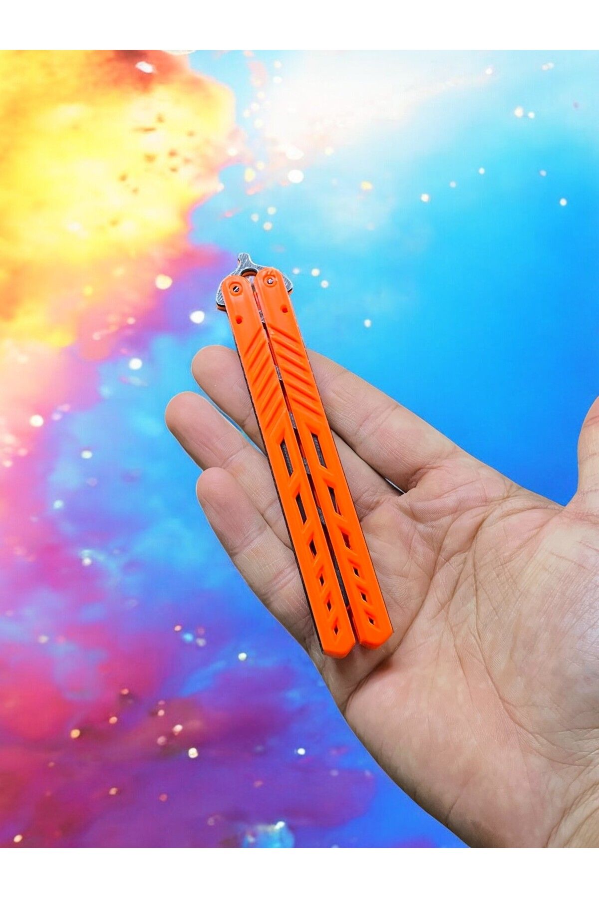 Dummy13-Black Butterfly Patterned Orange Butterfly Knife - Plastic Training Knife 2