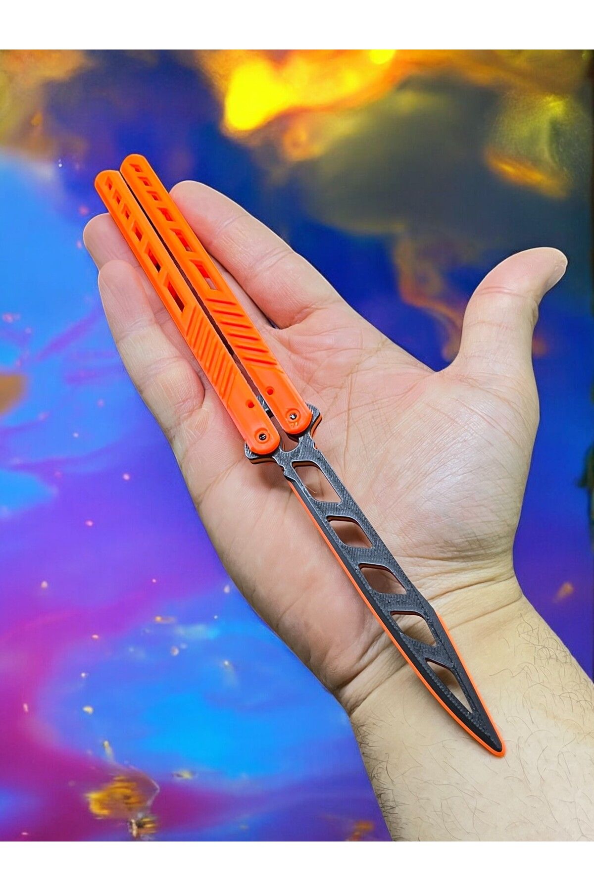 Dummy13-Black Butterfly Patterned Orange Butterfly Knife - Plastic Training Knife 7