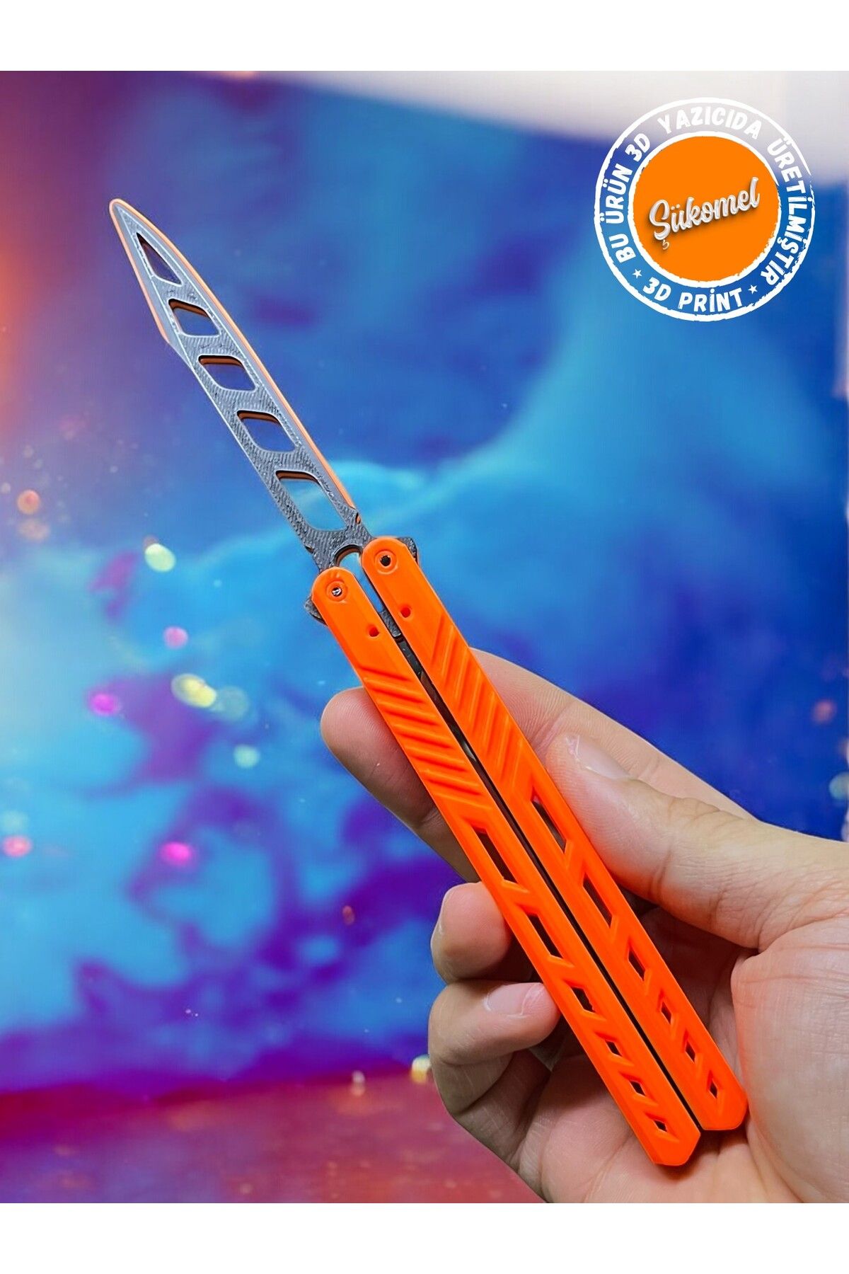 Dummy13-Black Butterfly Patterned Orange Butterfly Knife - Plastic Training Knife 1