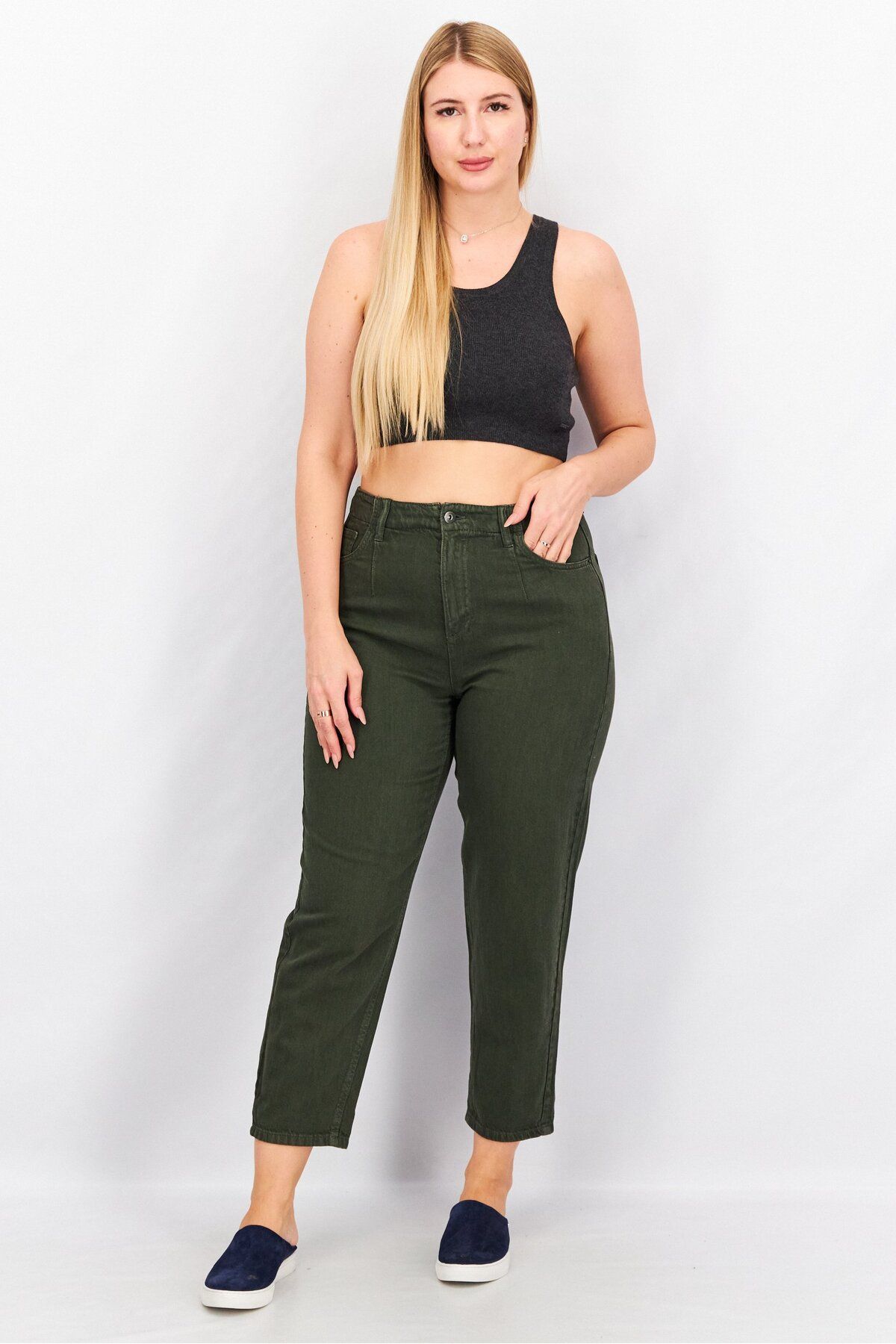 edc-Women Regular Fit Straight Cuffed Hem No Stretch Jeans, Forest Green 2