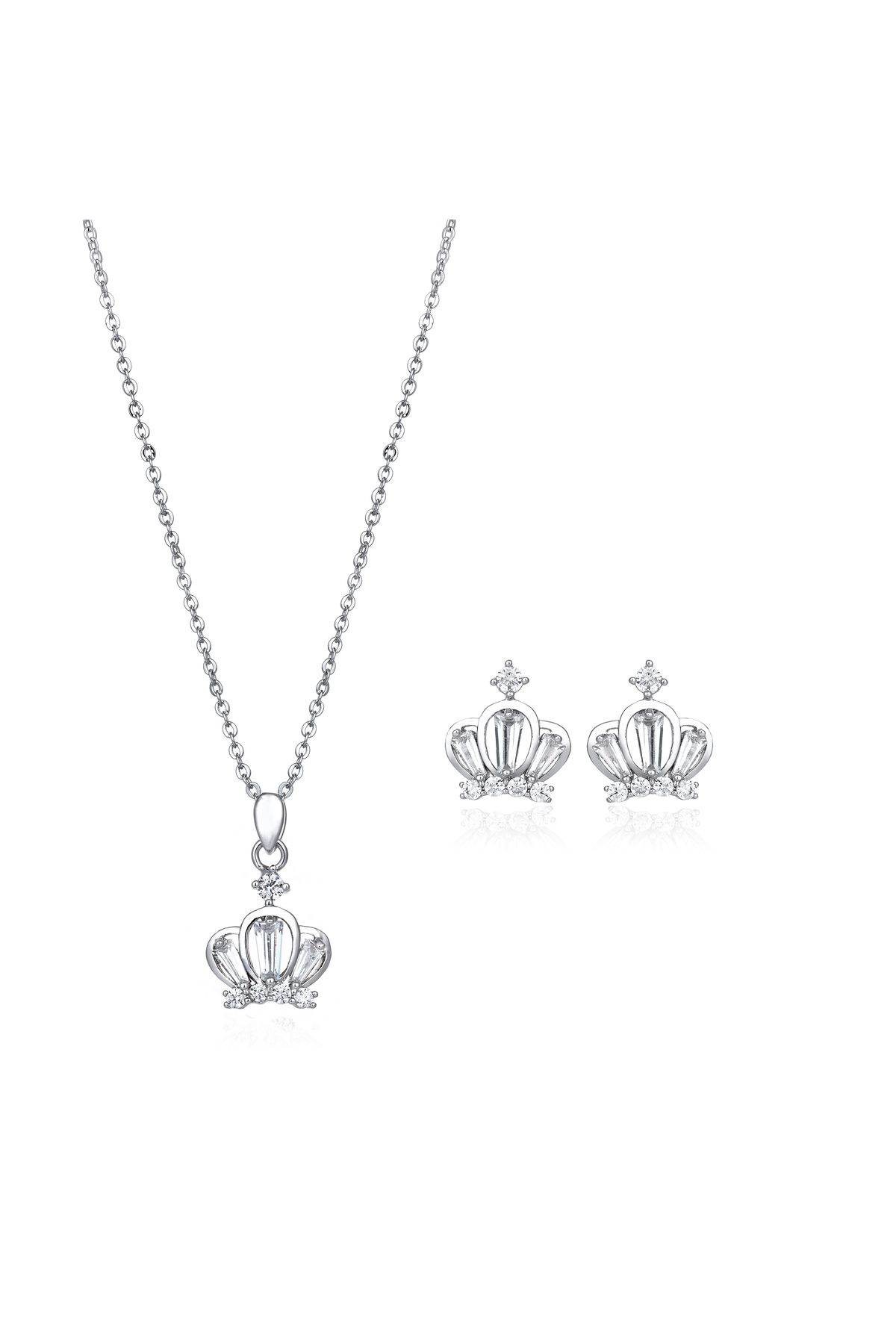 Tophills Jewels Taşlı Taç Model Kolye Küpe Set | Pırlanta Hibrit Altın Set | Crown Taşlı Set