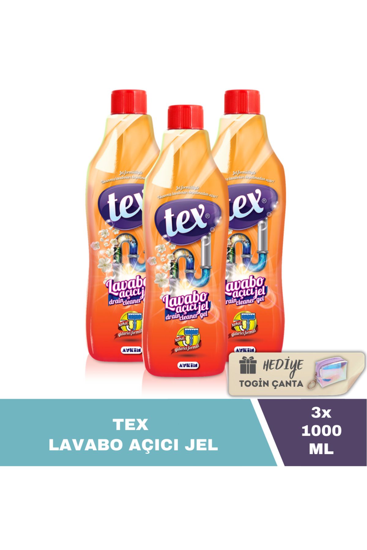 Tex Lavabo Açıcı Jel 1000 Ml X3 Adet + Togin Çanta